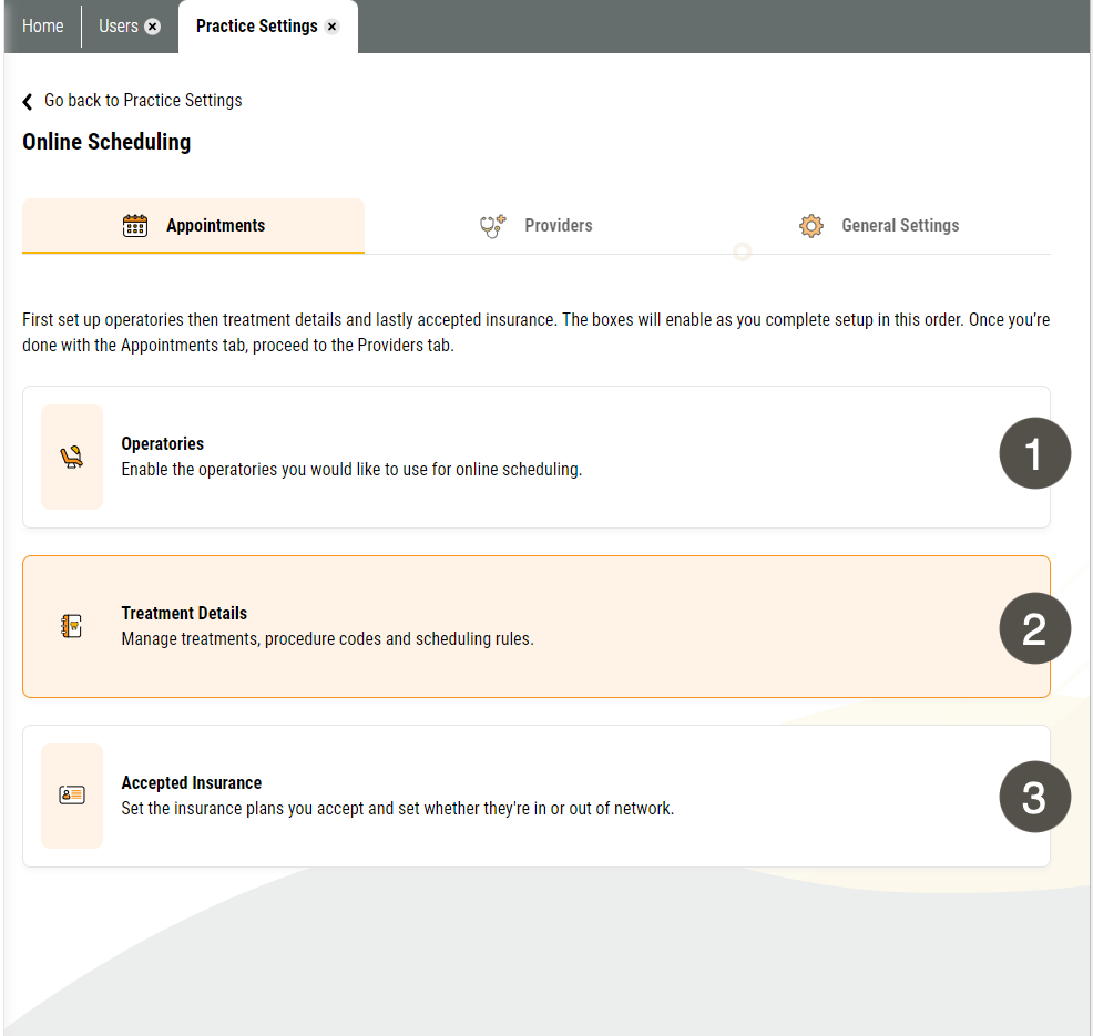 Leap Online Scheduling page with Appointment tab selected and several items numbered, described in the table to the right.