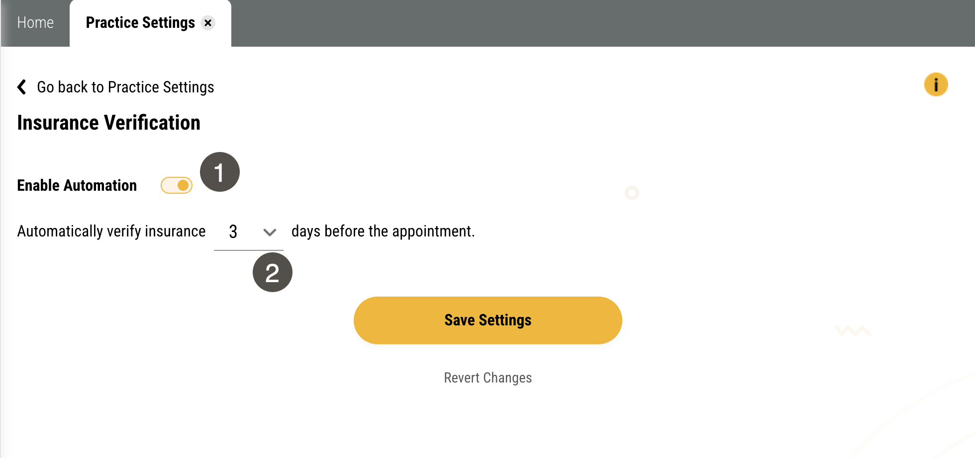 Insurance Verification settings page with two items numbered, described in the table to the right.