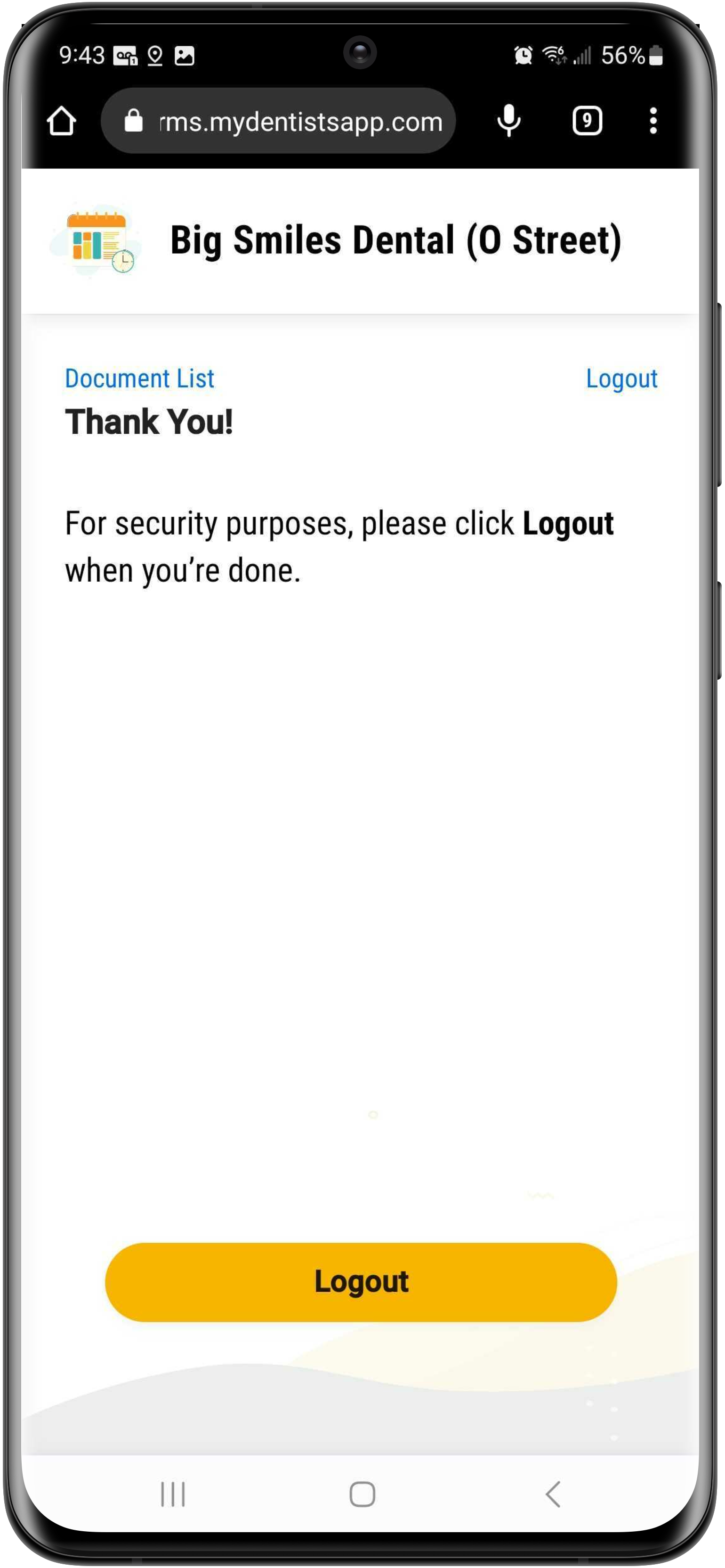 Mobile phone showing a thank you message, and a Logout button.