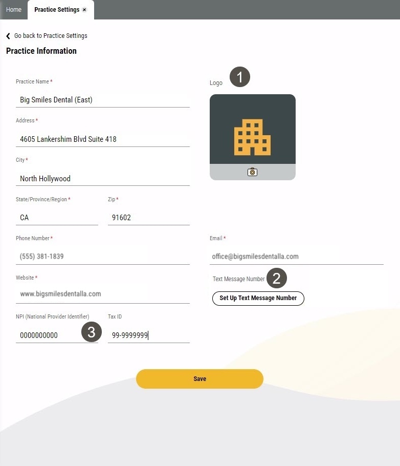 Practice information page with several items labelled, described in the table to the right.