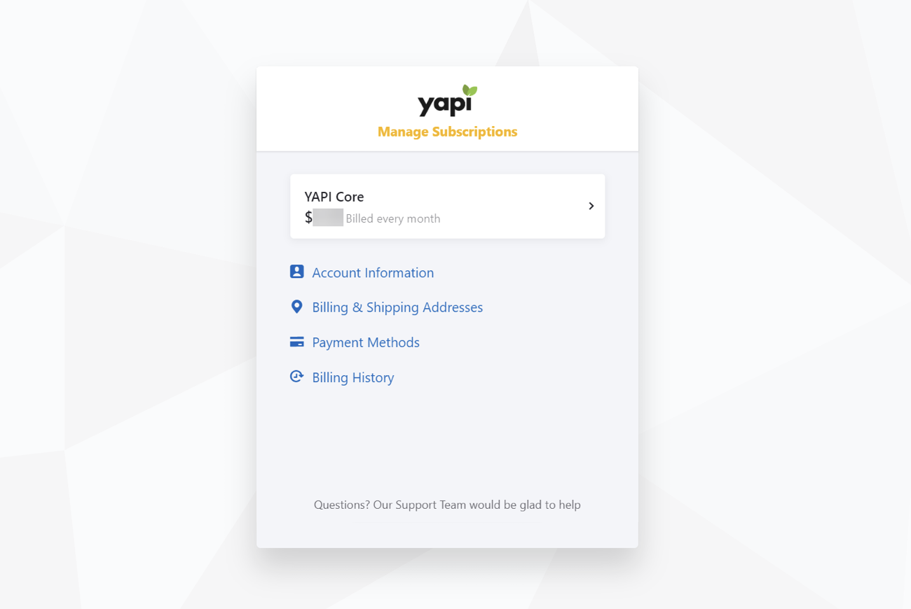 Manage Subscription window with name of practice's Yapi plan and 4 links: Account Information, Billing & Shipping Addresses, Payment Methods, and Billing History.