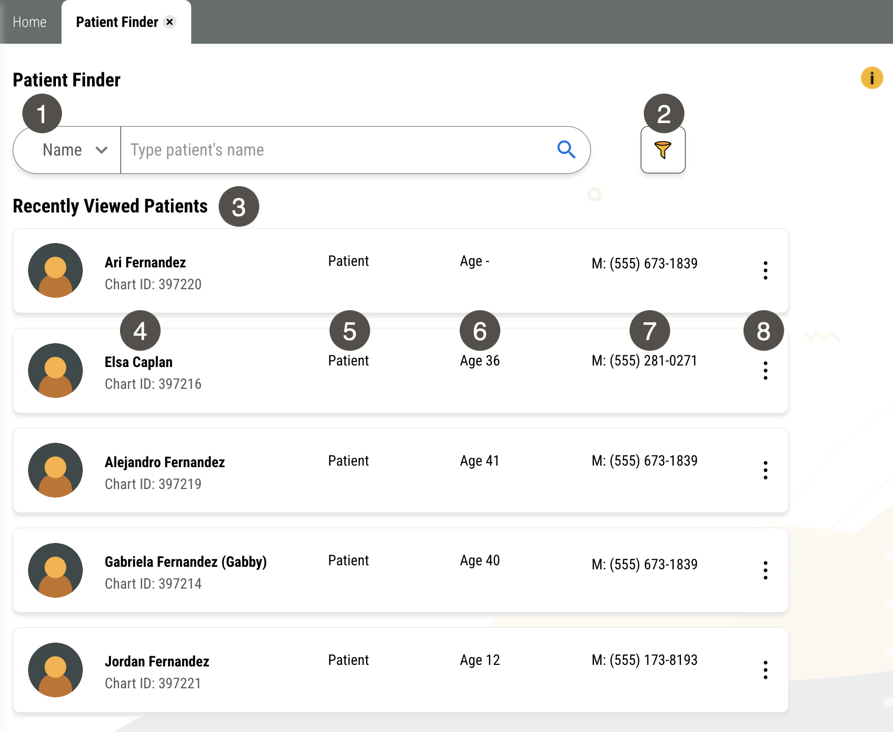 Patient Finder page with several items numbered, described in the table to the right.