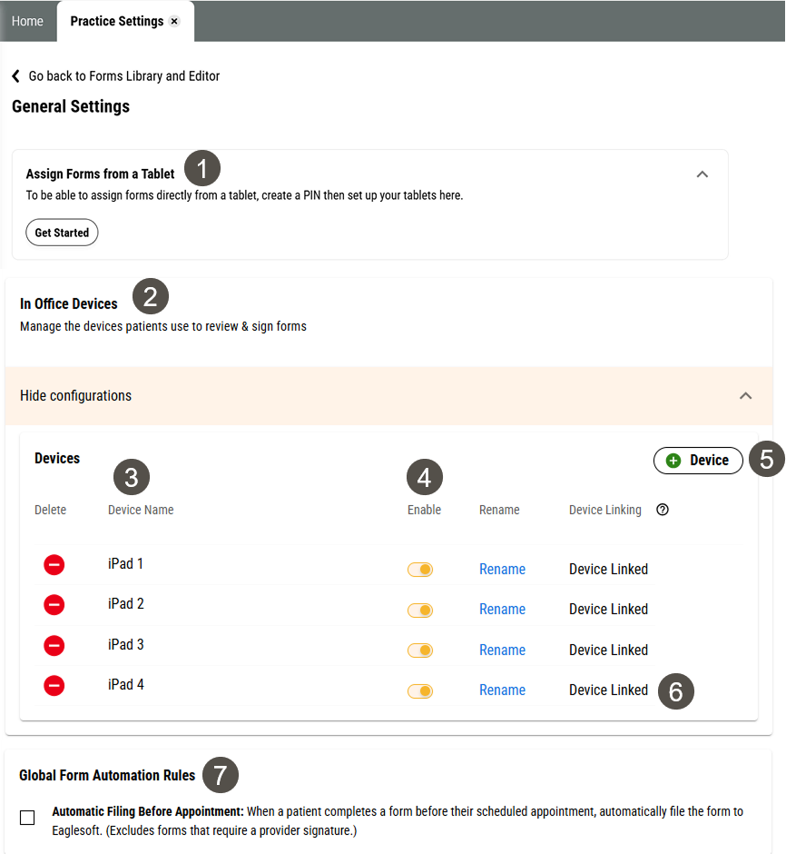 Forms General Settings page with several items labelled, described in the table to the right.