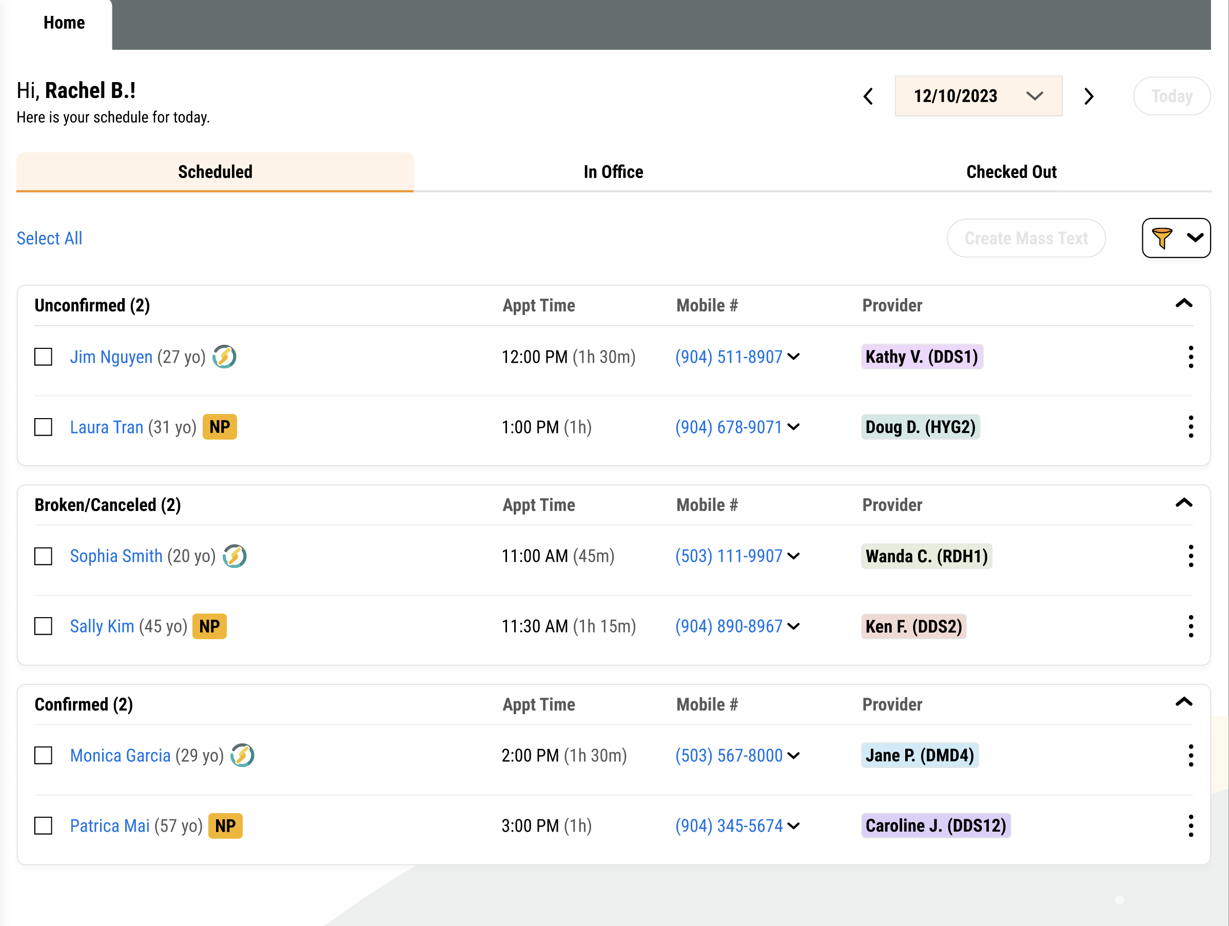 Leap homepage with 3 tabs: Scheduled, In Office, and Checked Out. Patients are listed with their appointment time, mobile number, and provider and organized into 3 sections: Unconfirmed, Broken/Canceled, and Confirmed.