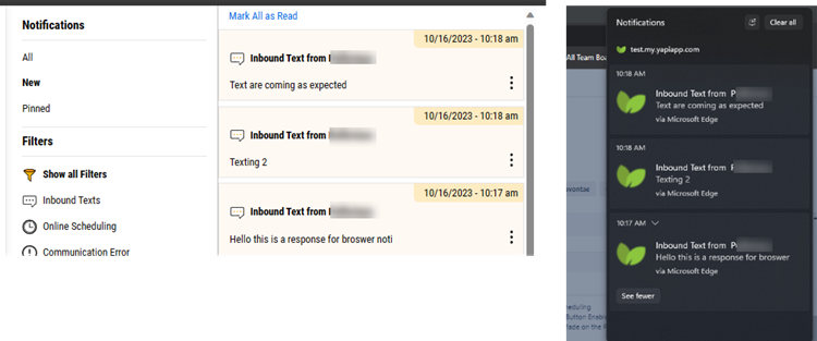 Notifications screen showing several inbound texts along with a separate image of corresponding text notifications in Microsoft Edge.