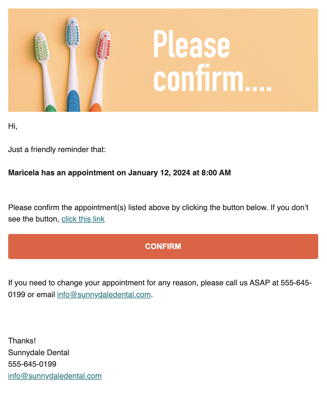 Confirmation reminder email listing patient's appointment date and time, a red "Confirm" button, and the practice's contact information.