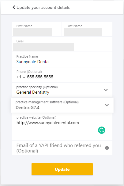 Account Details window with spaces for the account holder information like name, contact information, practice name, practice management software, and practice website.