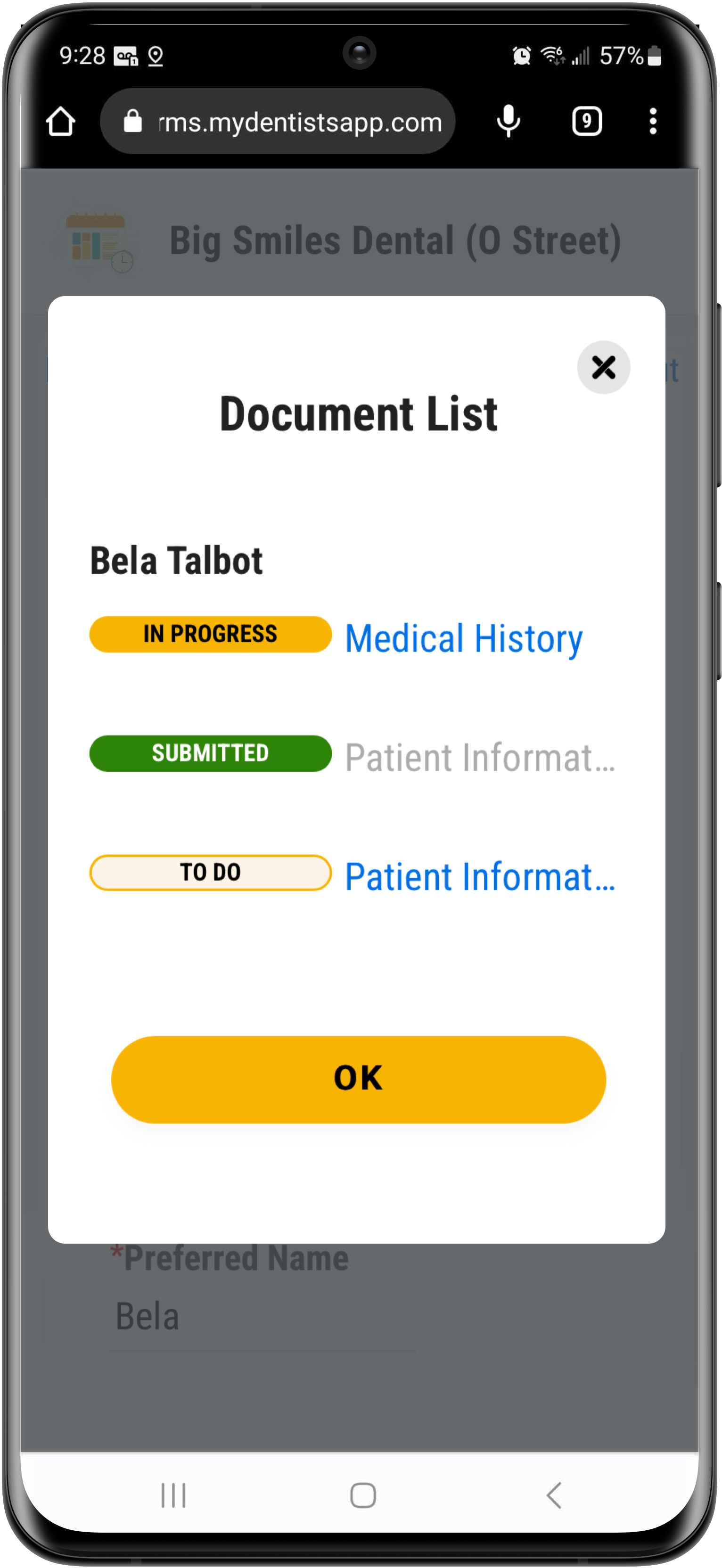 Mobile phone with a window showing a list of forms with indicators reading "Submitted," "In Progress," and "To Do" and an okay button.
