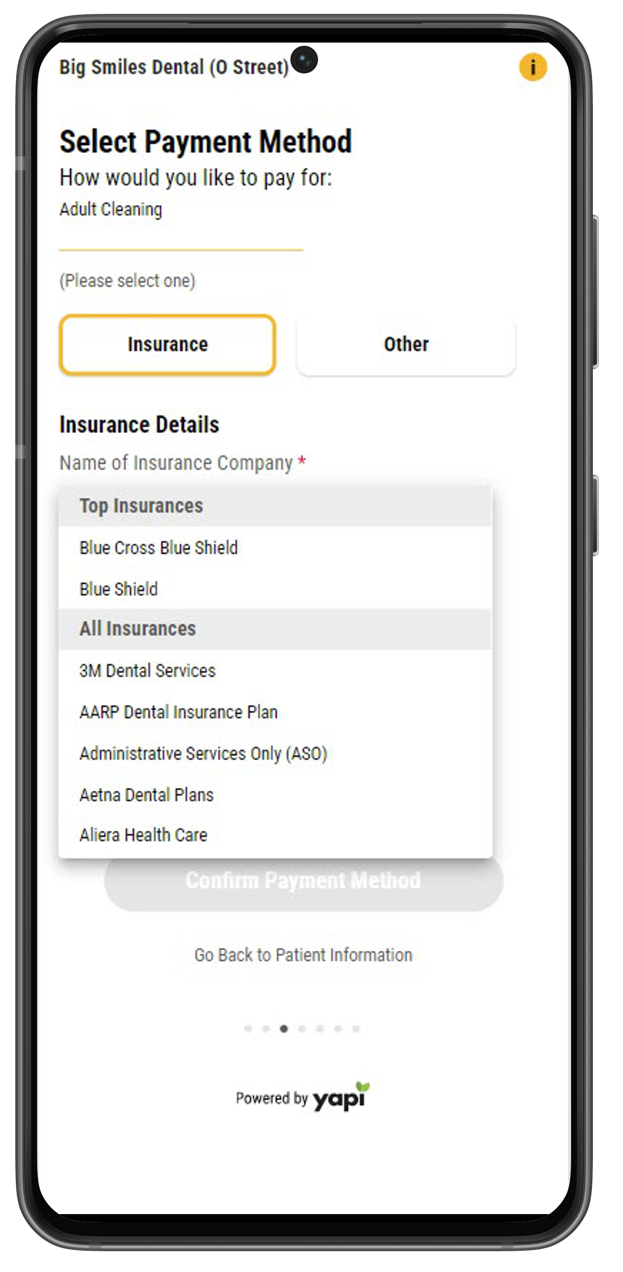 Phone asking patient how they'd like to pay for their appointment with buttons reading "Insurance" and "Other" and a dropdown showing all the insurances your practice accepts.