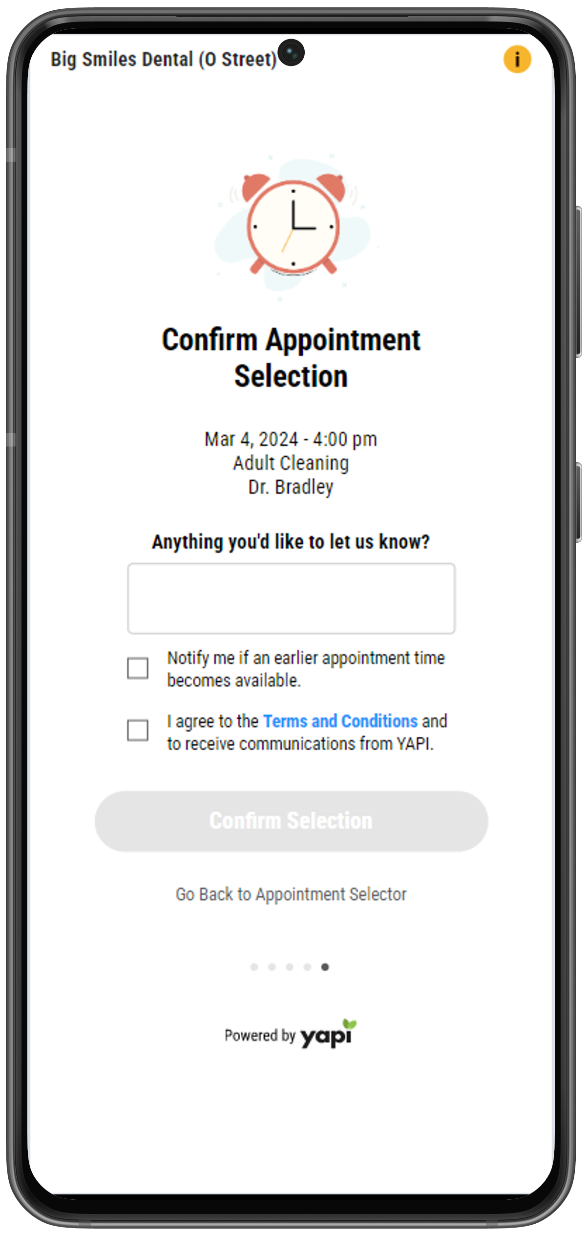 Phone showing the appointment a patient selected, a box to add notes in, and selectable checkboxes for notifying the patient of an earlier appointment and agreeing to the terms & conditions.