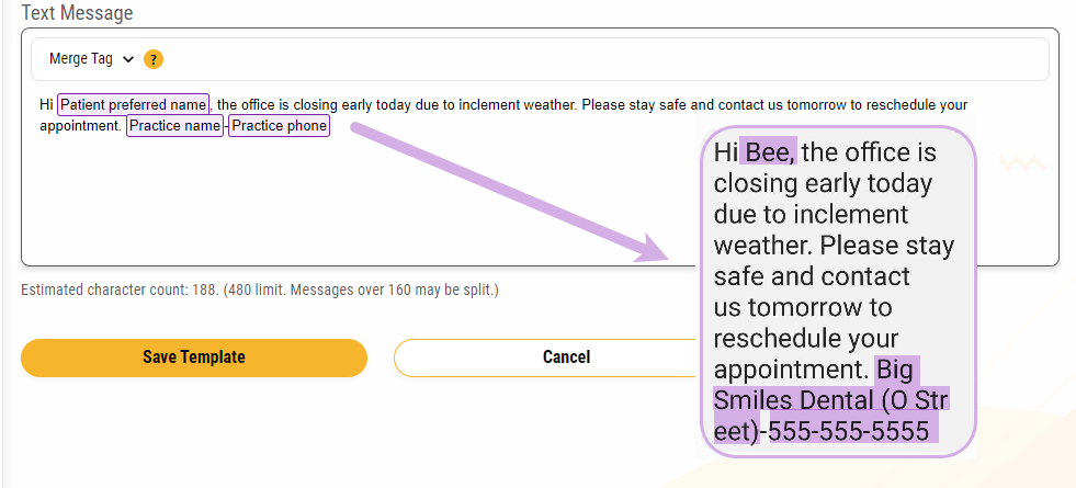 Text Message box on the Compose Text Template page showing merge tags highlighted with an arrow pointing to a patient text where the corresponding merge tags are filled in for a patient.