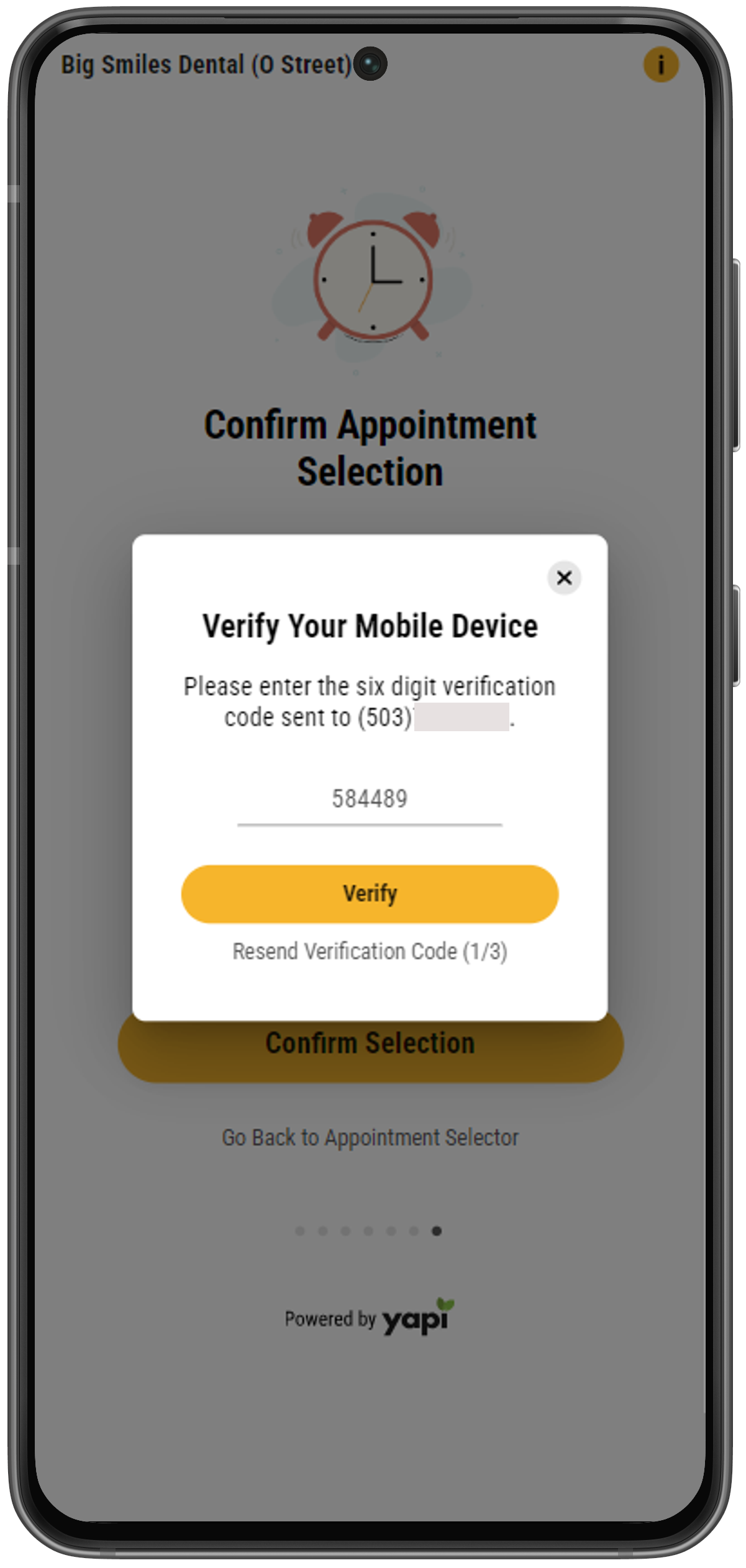 Phone showing prompt asking the patient to enter the verification code that was texted to them.