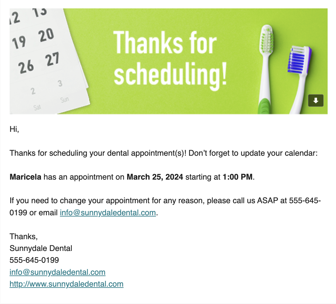 Save the Date email listing patient's appointment date and time and the practice's contact information.