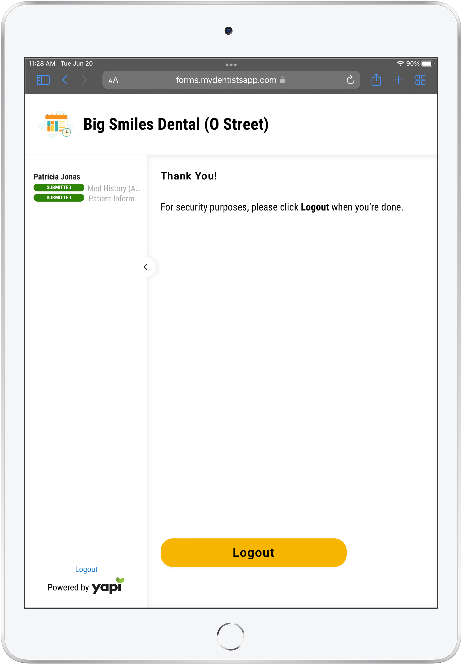 iPad showing list of forms a patient has complete with a indicator next to each that reads "Submitted," a thank you message, and a Logout button.