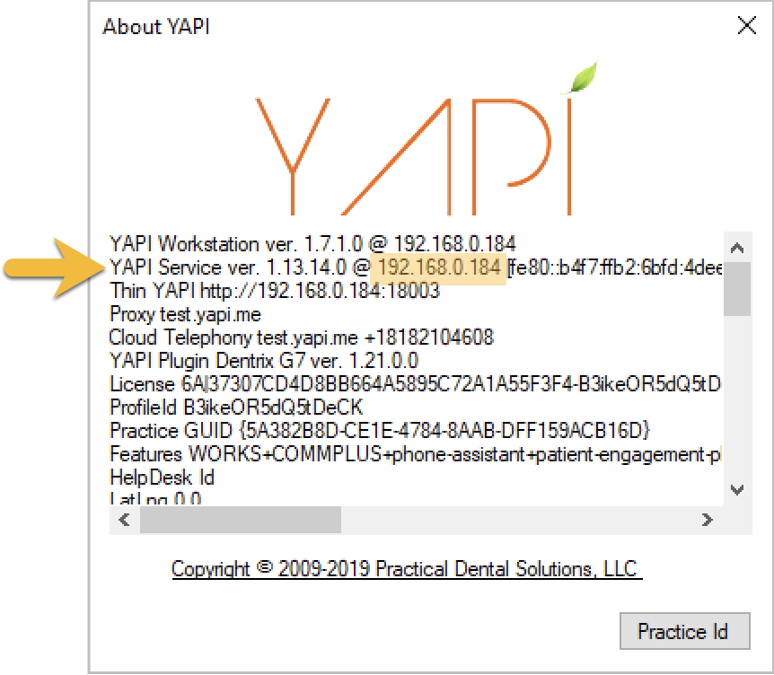 About Yapi window with IP Address highlighted after "at" symbol on second line that reads "Yapi Service ver."