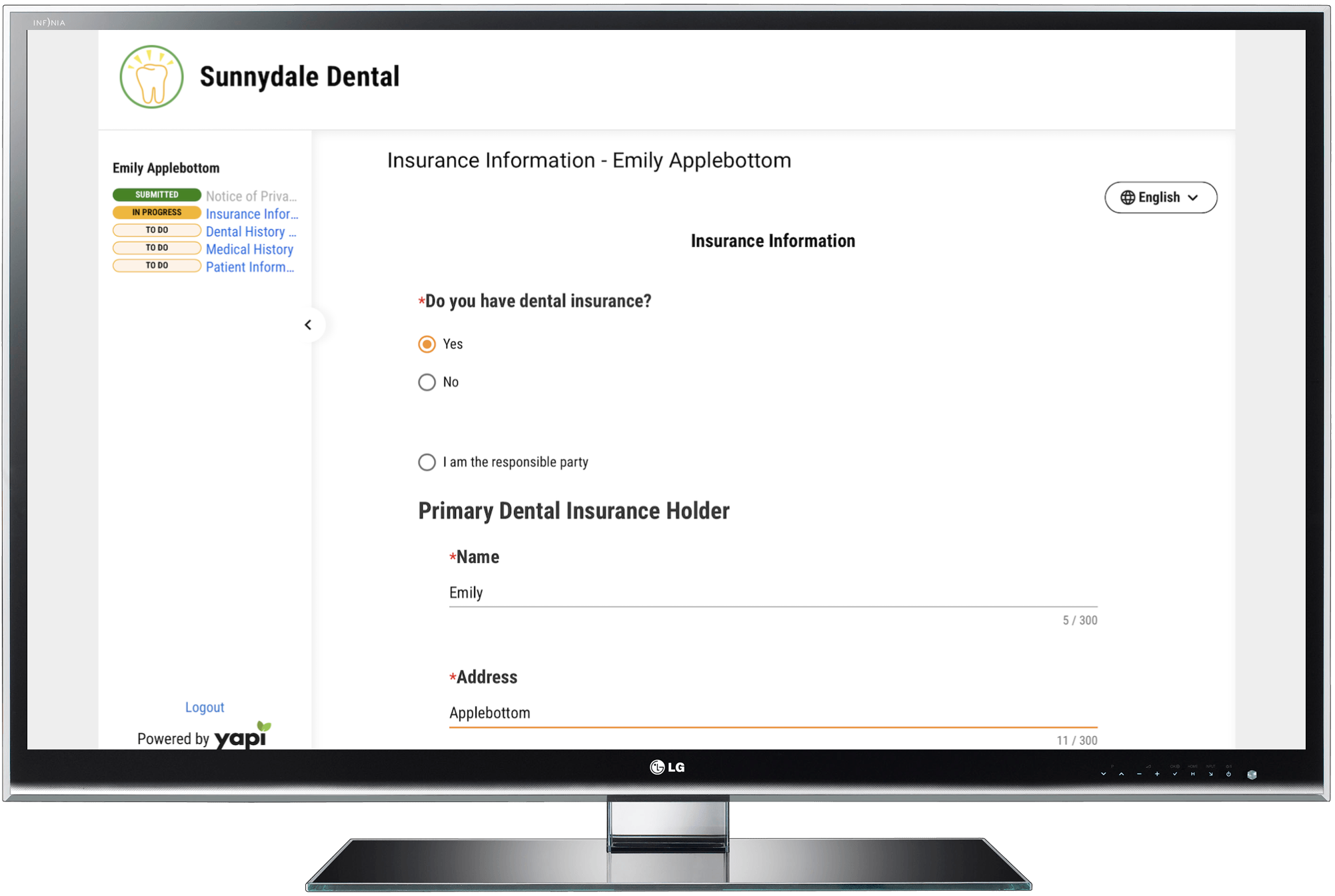 Computer monitor showing a partially completed form. On the left, there's a list of forms with indicators reading "Submitted," "In Progress," and "To Do".