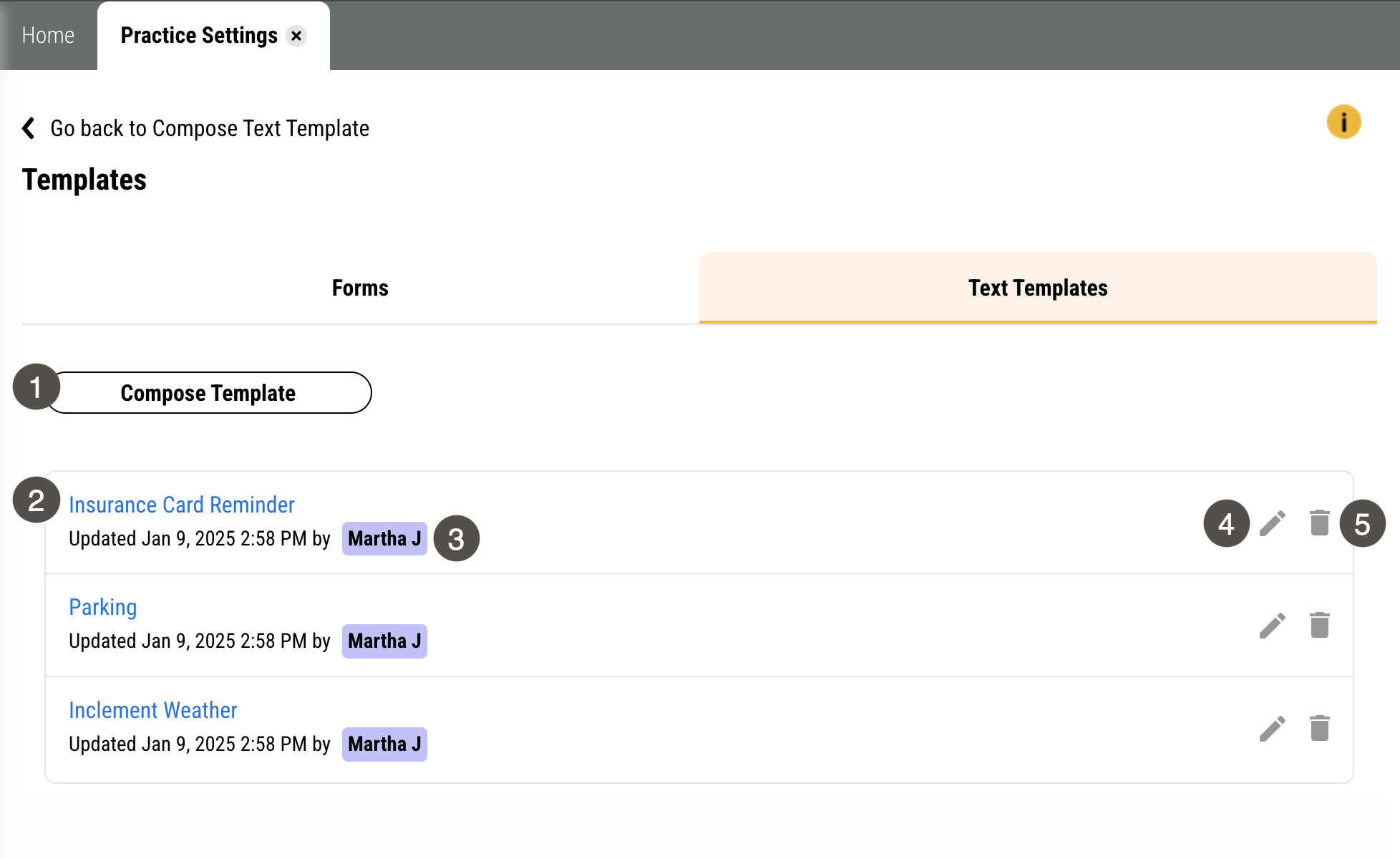 Text Templates tab of the Templates page with several items labelled, described in the table to the right.