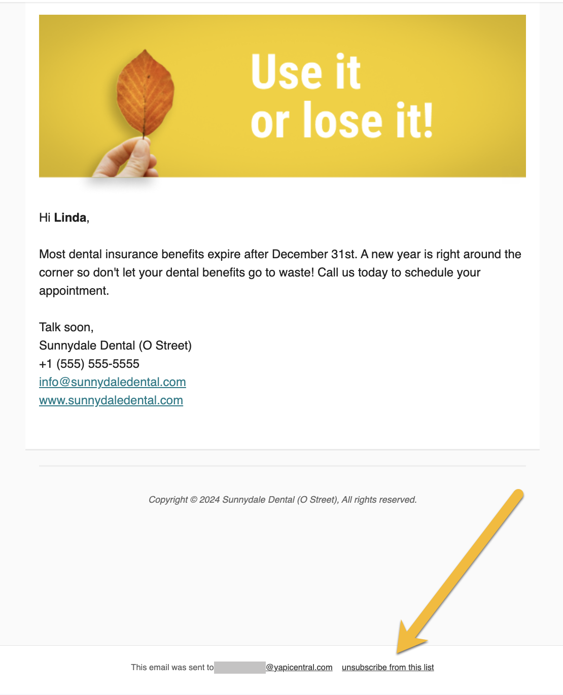 Email with the title "Use it or lose it" and a link at the bottom of the page reading "unsubscribe from this list".