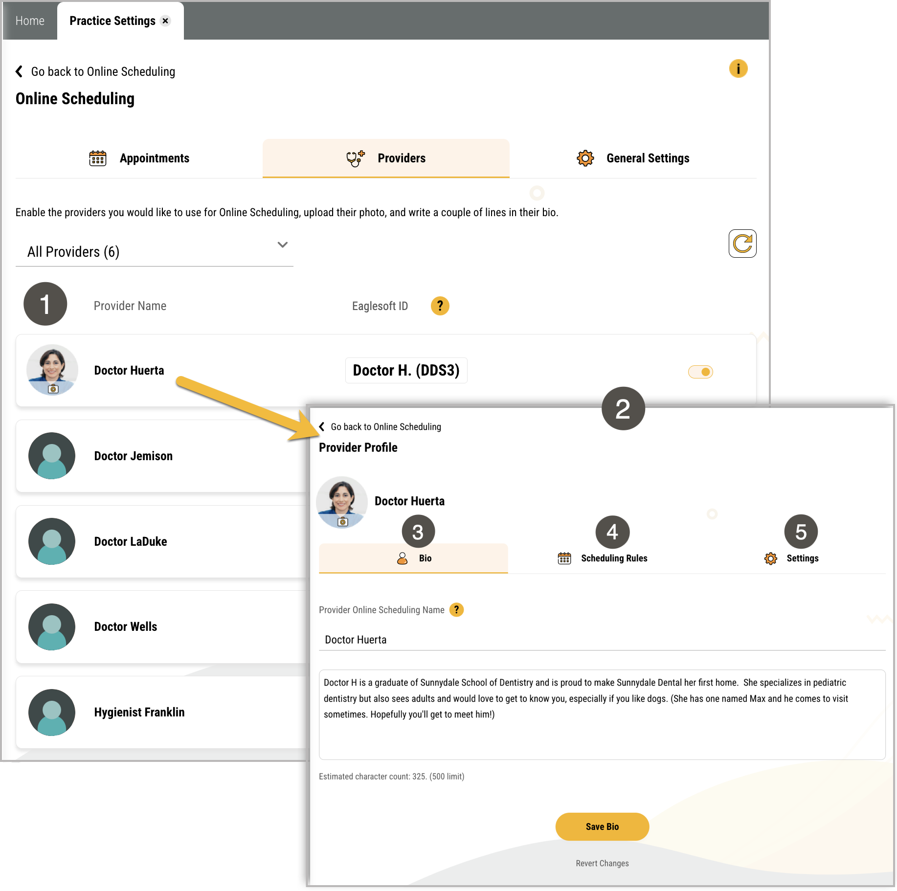 Leap Online Scheduling page with Providers tab selected and a Provider Profile inset. Several items are numbered, described in the table to the right.