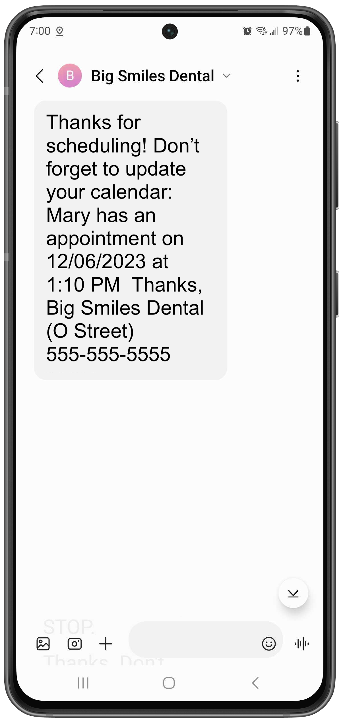 Phone with text reading "Thanks for scheduling! Don't forget to update your calendar: Mary has an appointment on December 6, 2023 at 1:10PM. Thanks." The practice name and phone number are then listed.