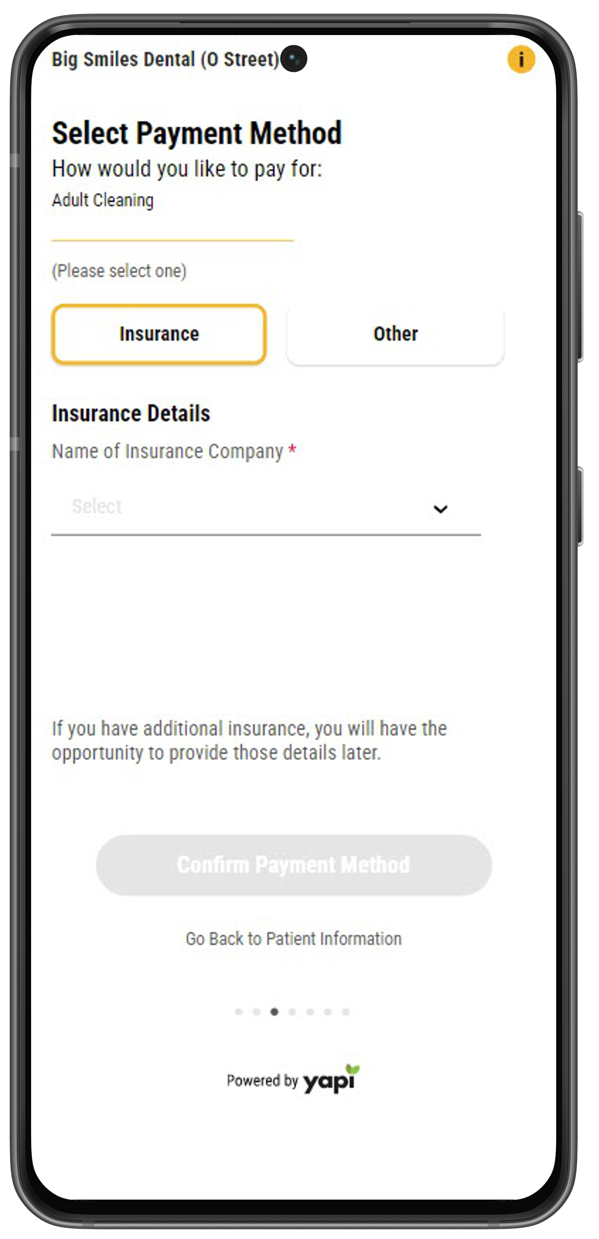 Phone showing screen asking the patient how they plan to pay for treatment with two buttons reading "Insurance" and "Other".