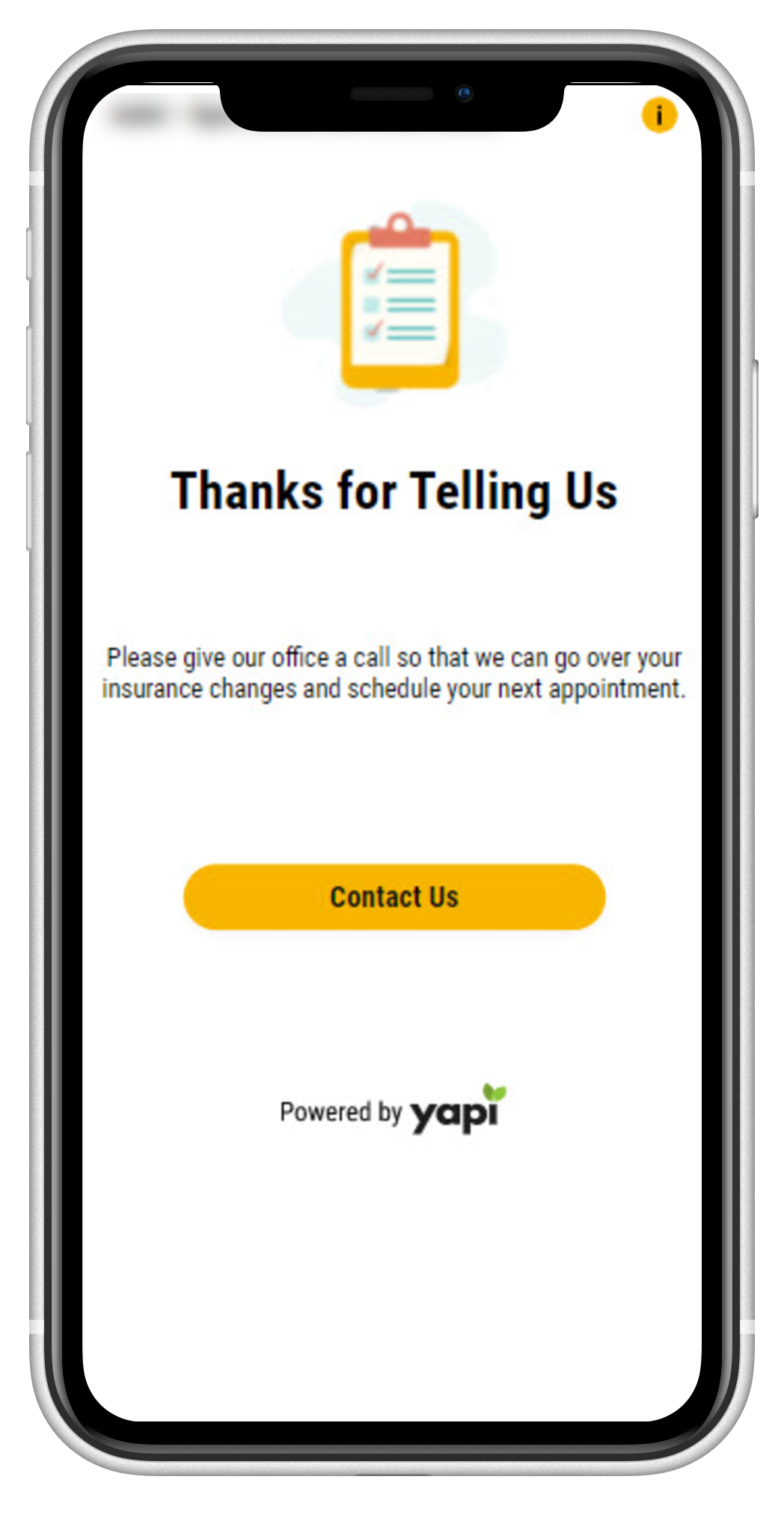 Phone showing a message that reads "Thanks for Telling Us" with a button to contact the practice.