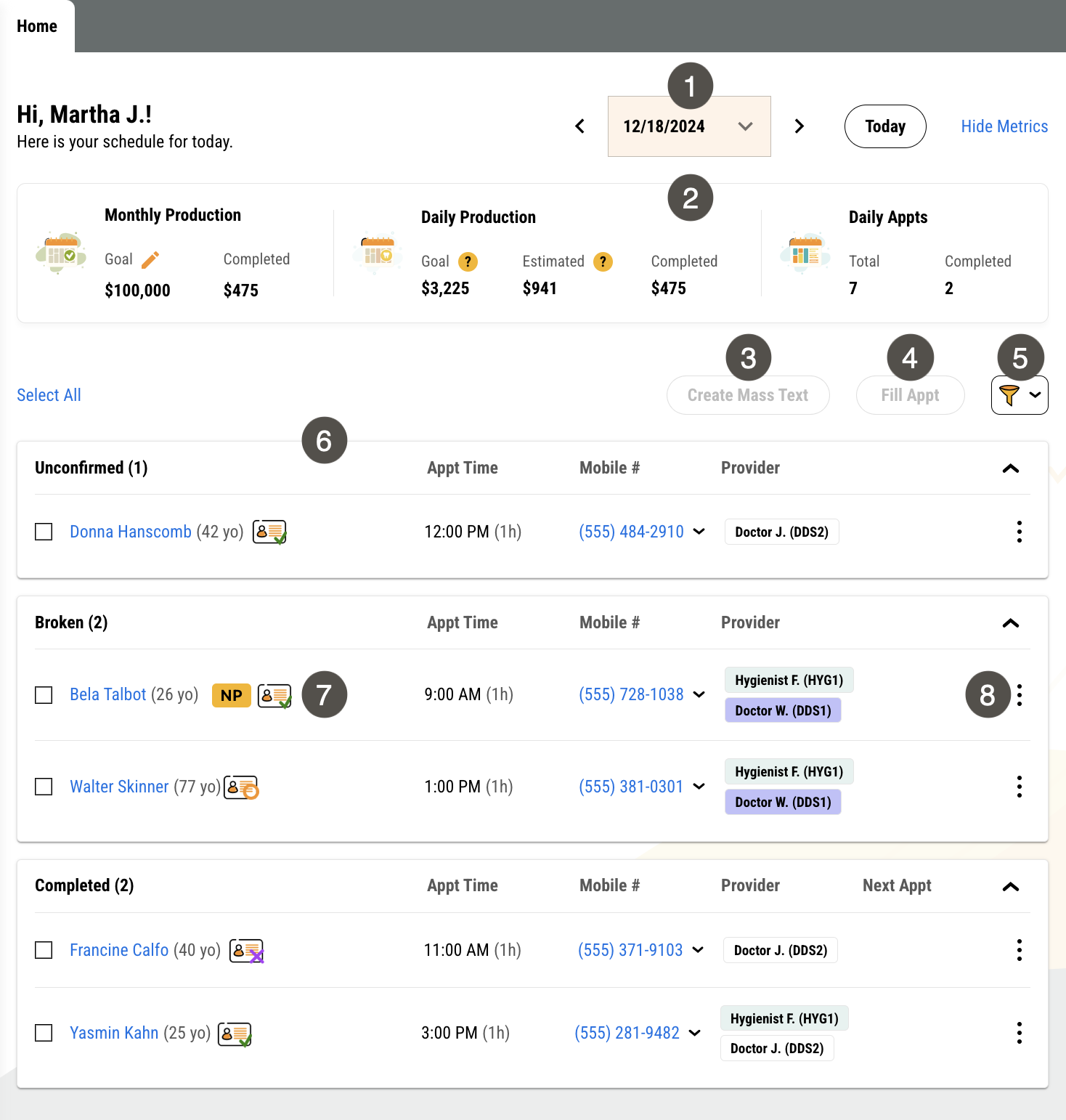 Leap homepage in past date view with several items labelled, described in the table to the right.