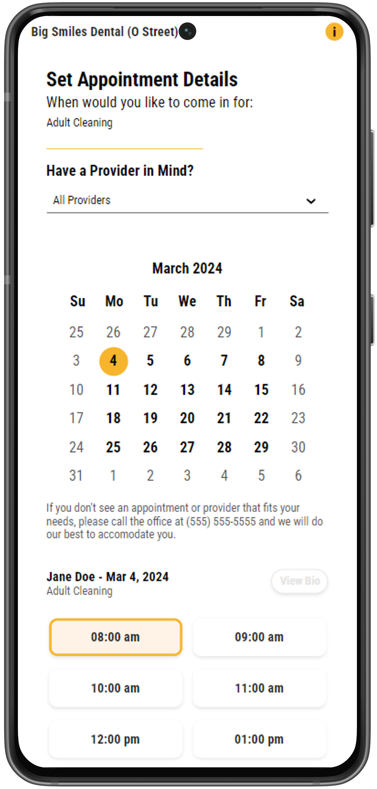 Phone showing Set Appointment Details page with a calendar and list of available appointment slots.
