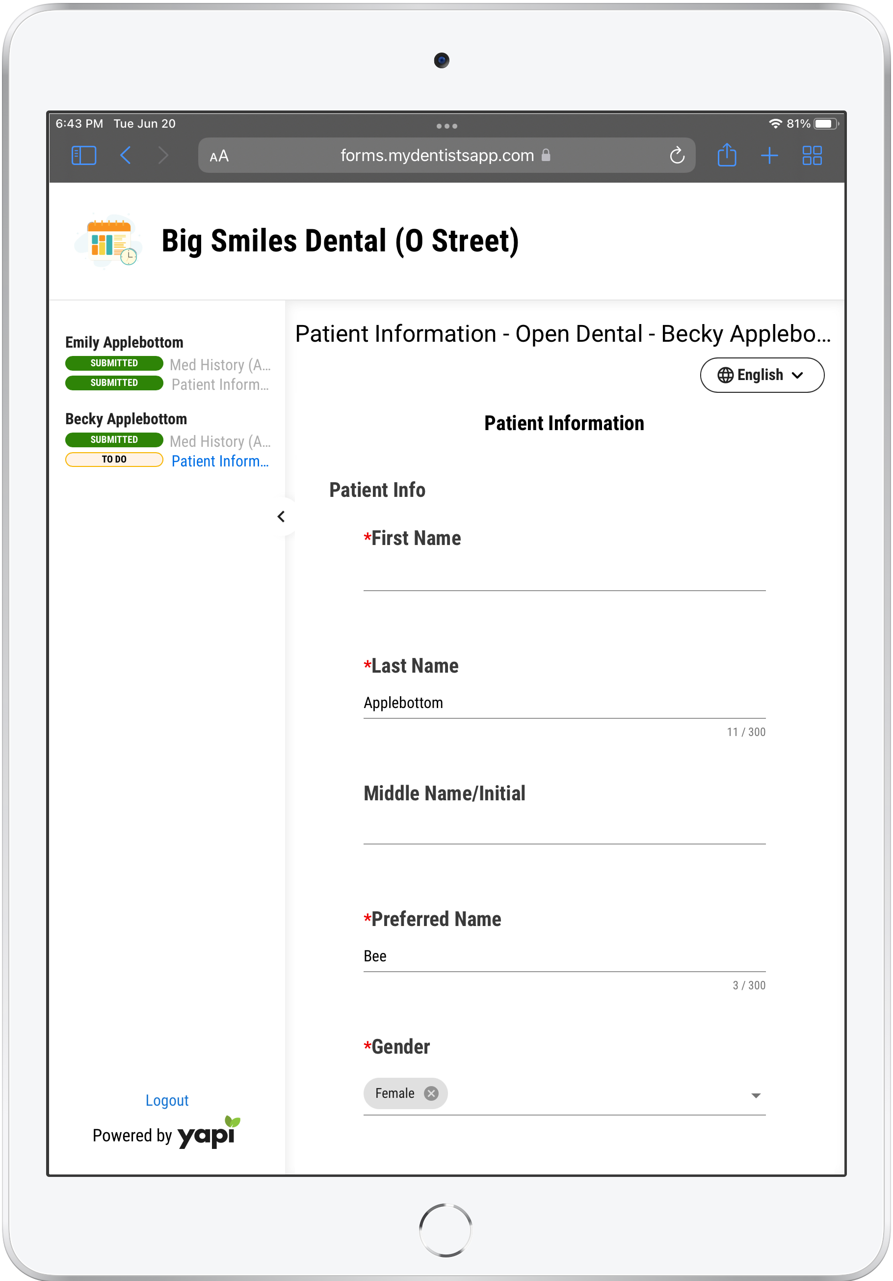 iPad showing a partially completed form. On the left, there are lists of forms for multiple family members with indicators reading "Submitted" and "To Do".