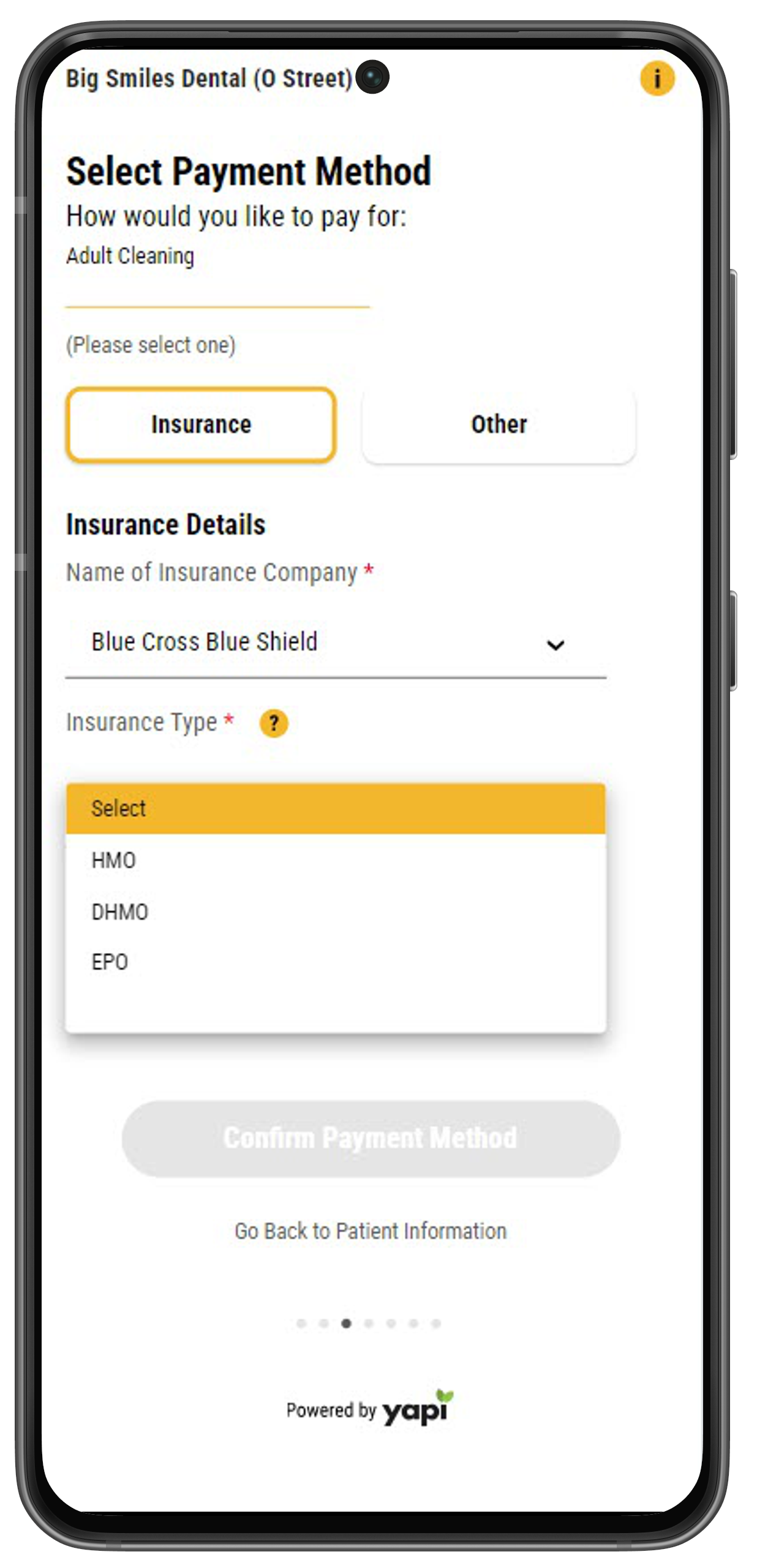 Phone showing a selected insurance with a dropdown to select the insurance type. Options are H.M.O., D.H.M.O., and E.P.O.