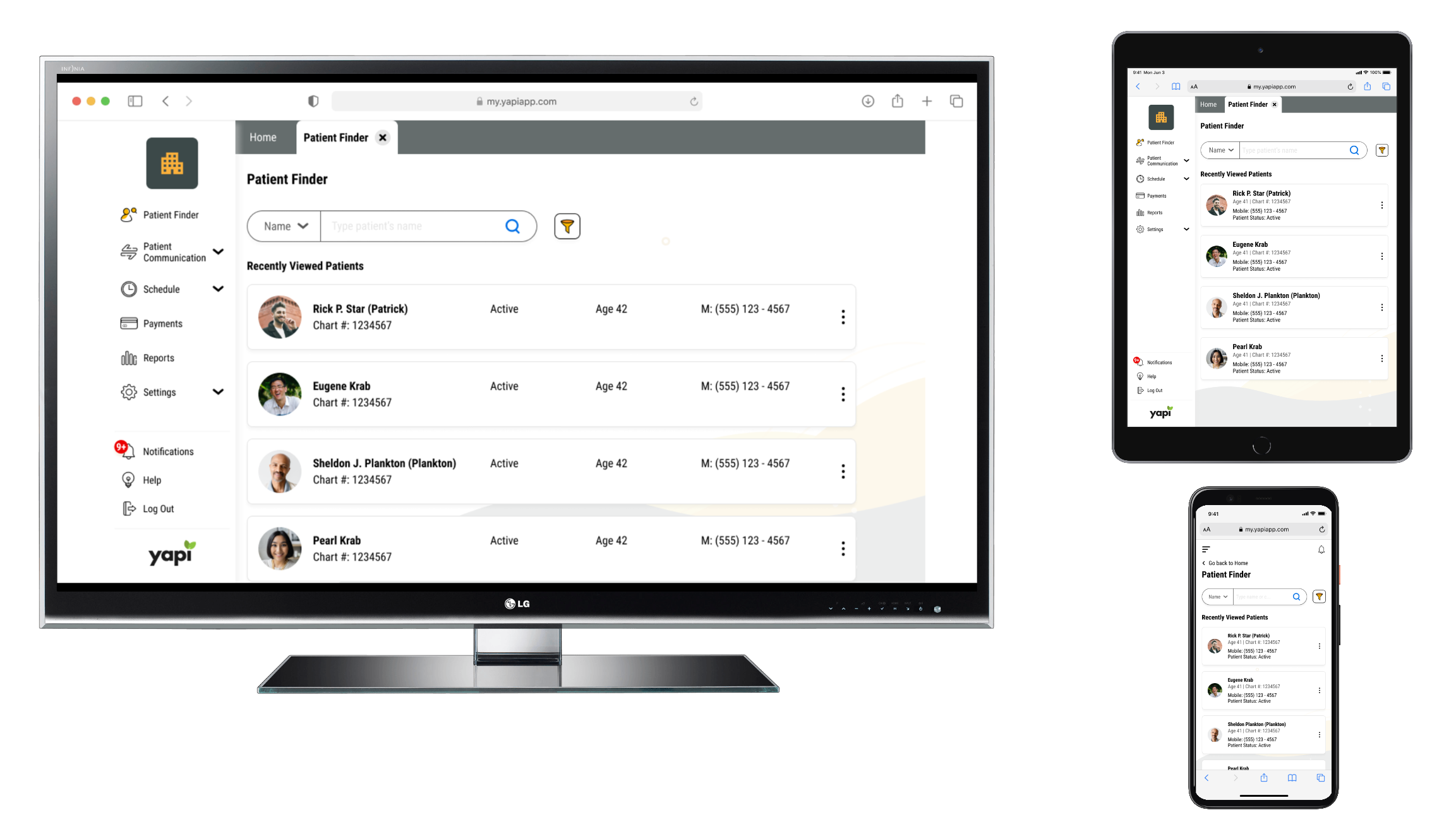 A desktop monitor, a tablet, and a mobile phone all showing the Patient Finder page in Leap.