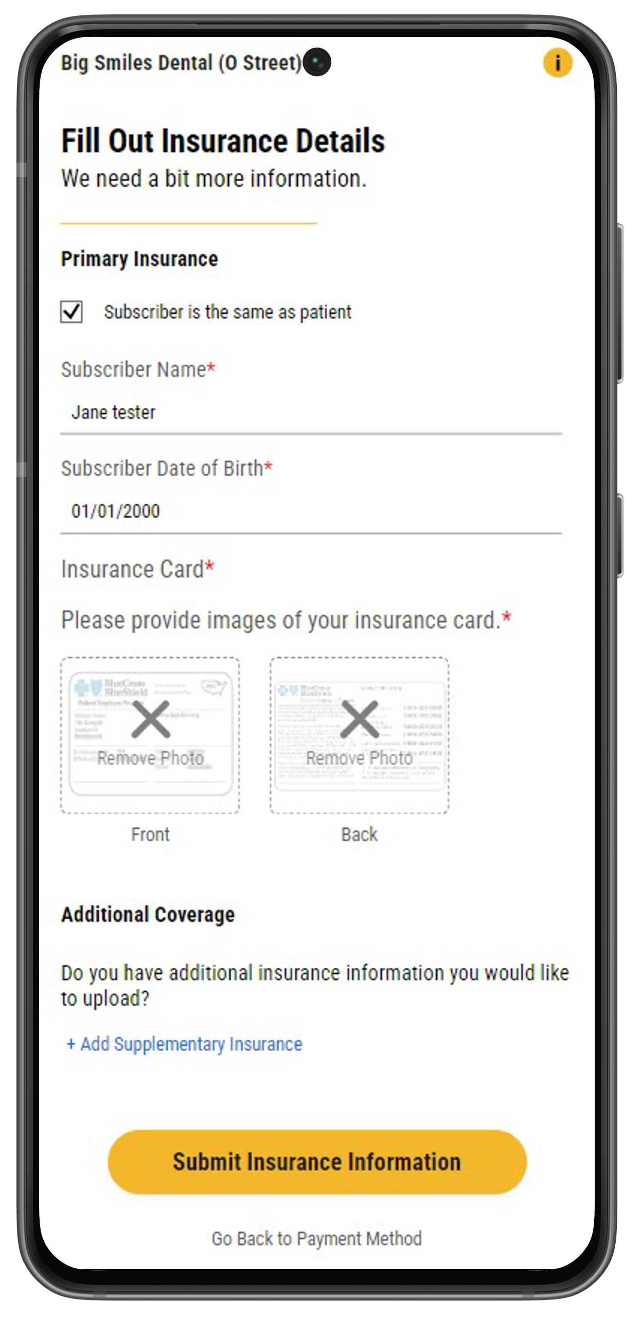 Phone showing Insurance Details screen with patient's insurance information completed.