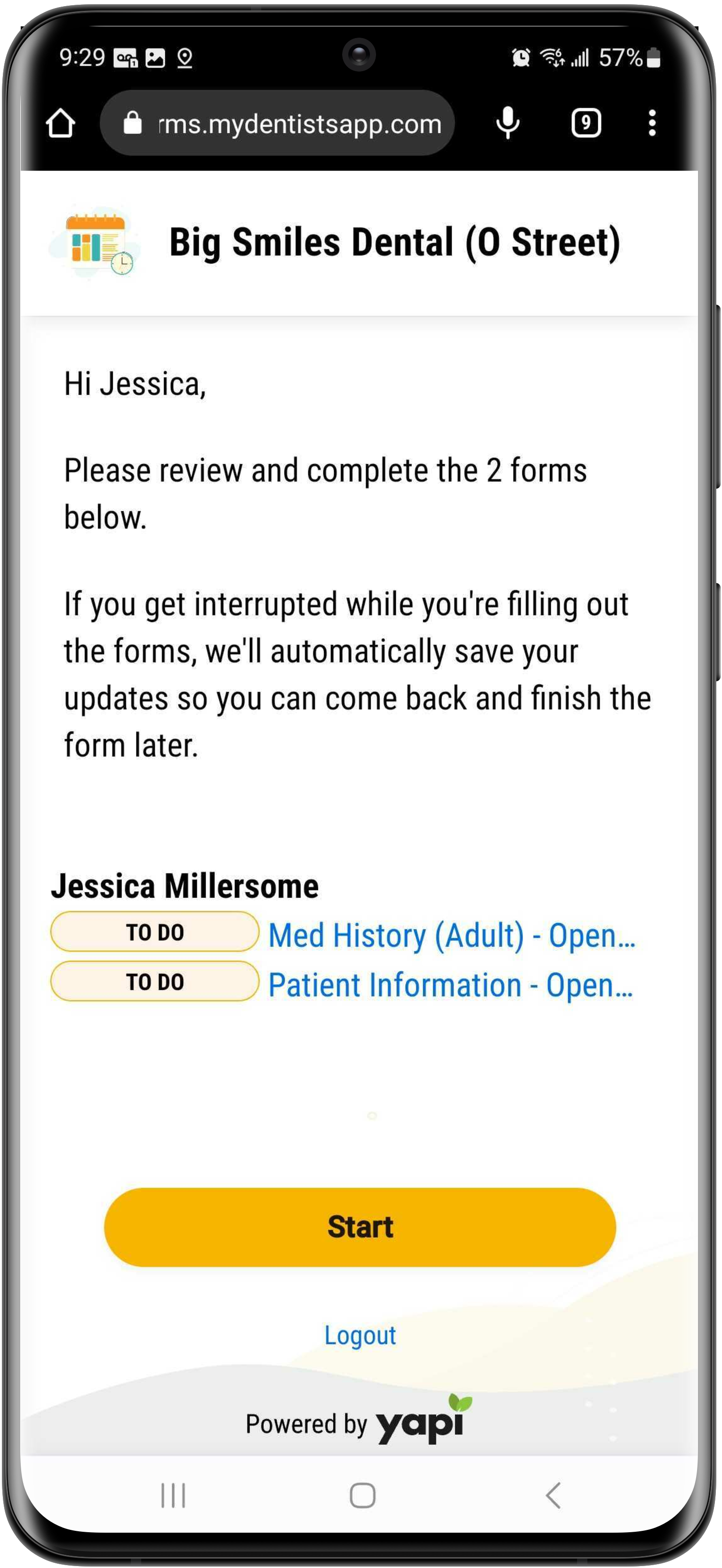 Mobile phone showing list of forms a patient must complete with an indicator next to each that reads "To Do". Below is a Start button.