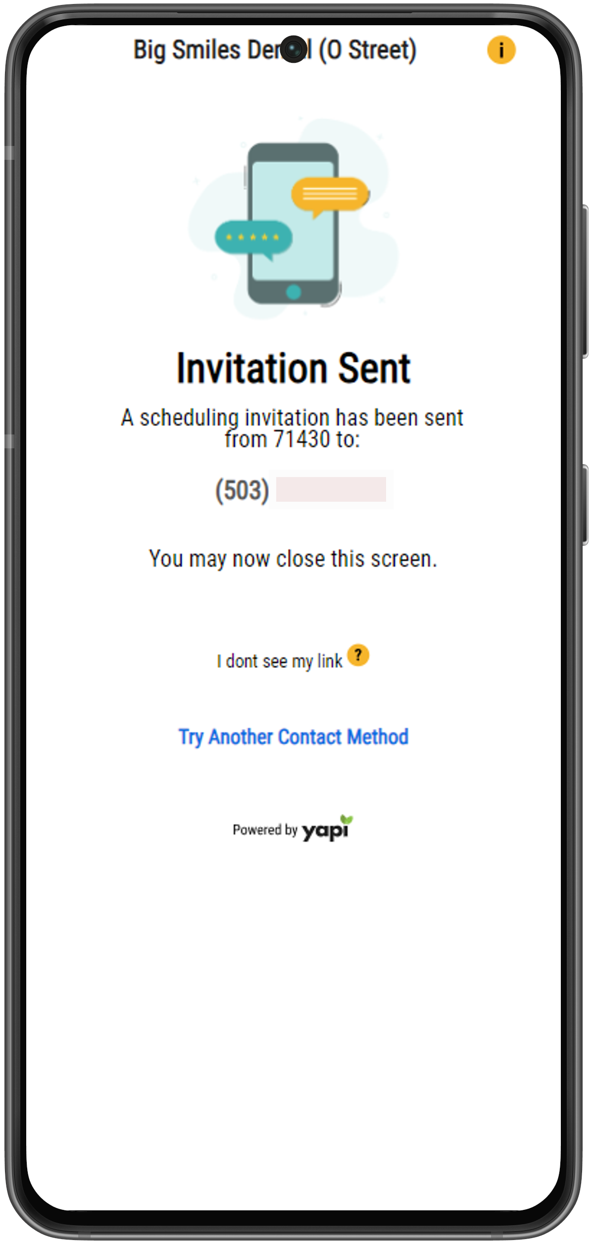 Phone showing an invitation has been sent to sent to the patient via text.