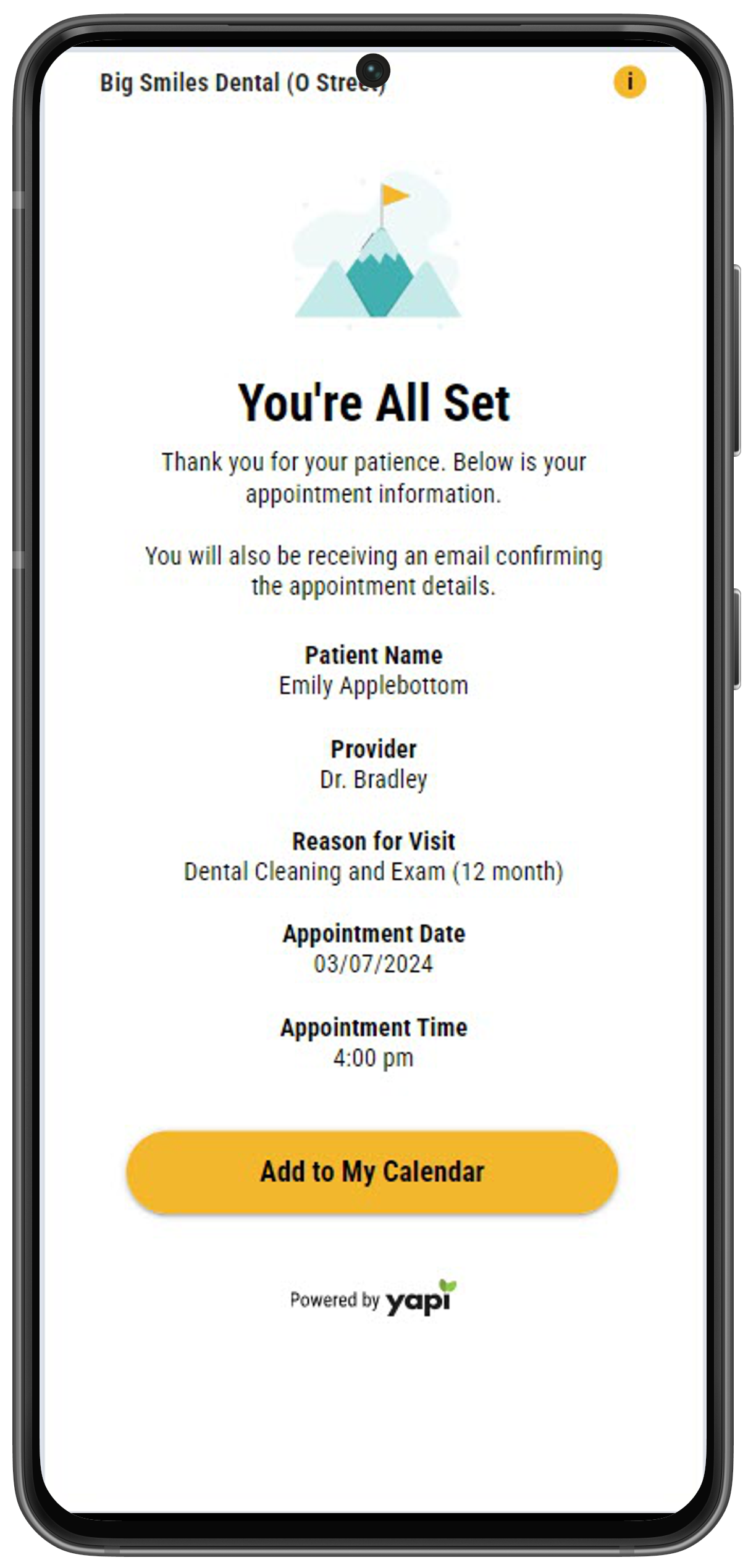 Phone showing information about the appointment a patient just booked.