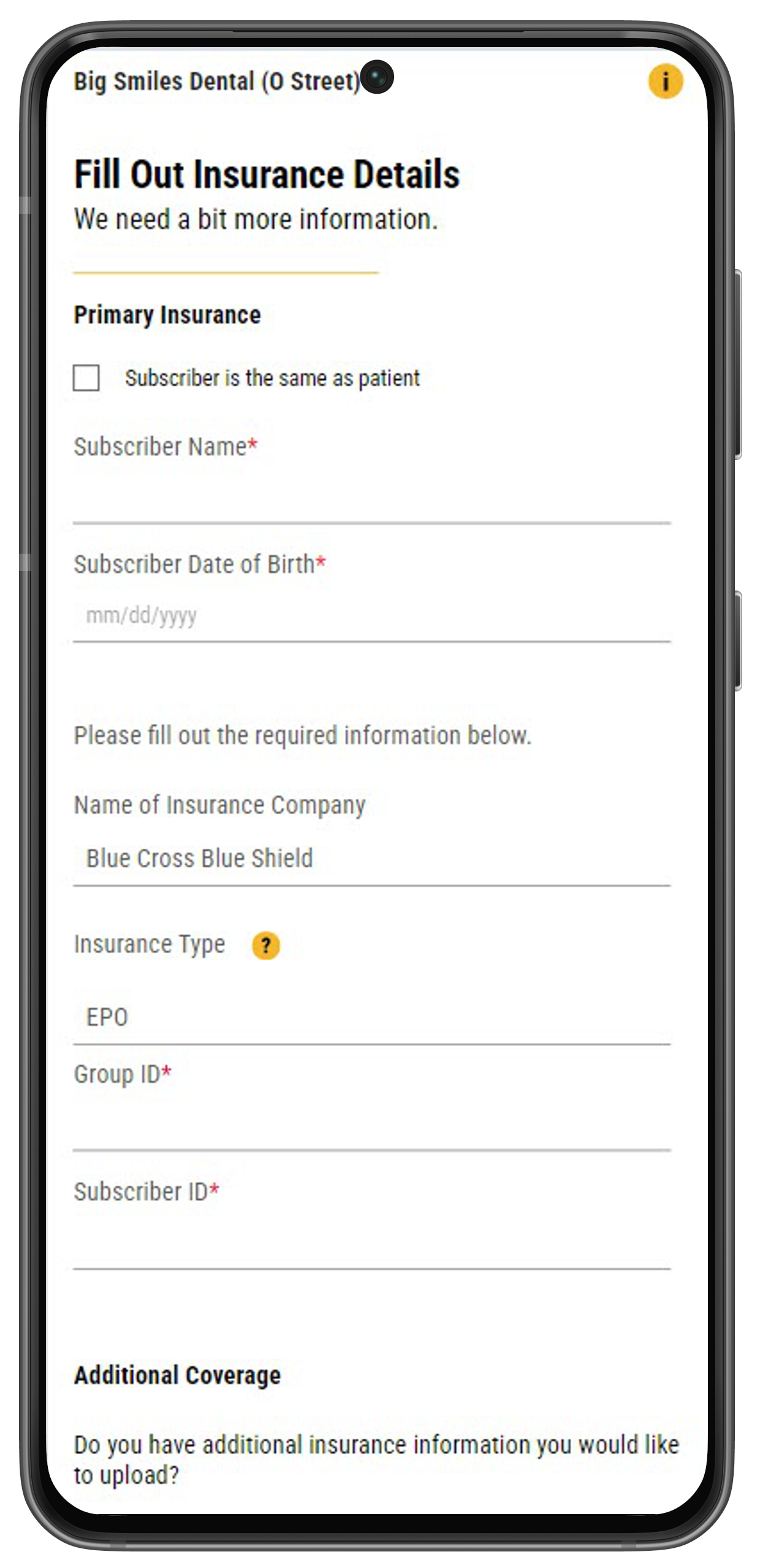 Phone showing the Fill Out Insurance Details screen with spaces to enter subscriber information.