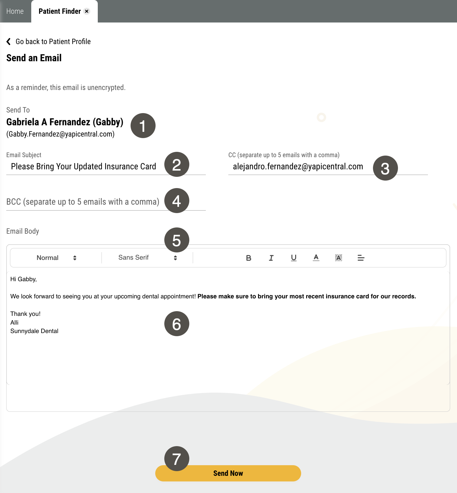 Send an Email page with several items numbered, described in the table to the right.