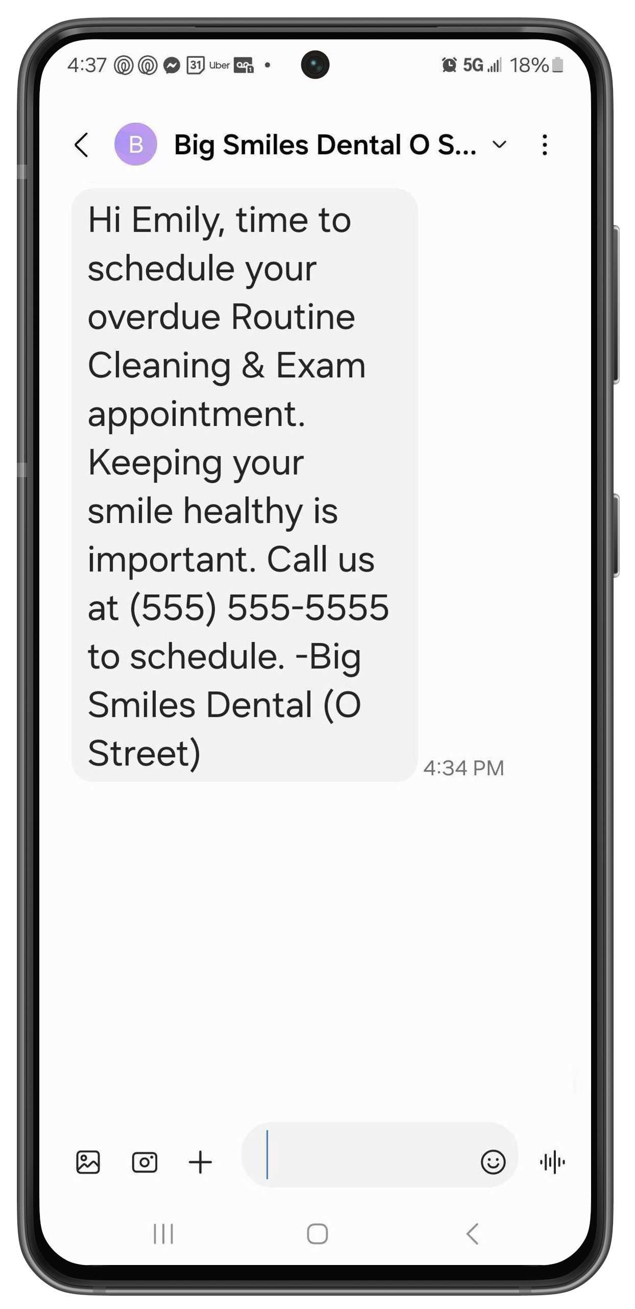 Phone with a text letting it's time to their overdue appointment and and lists the practice name and phone number.