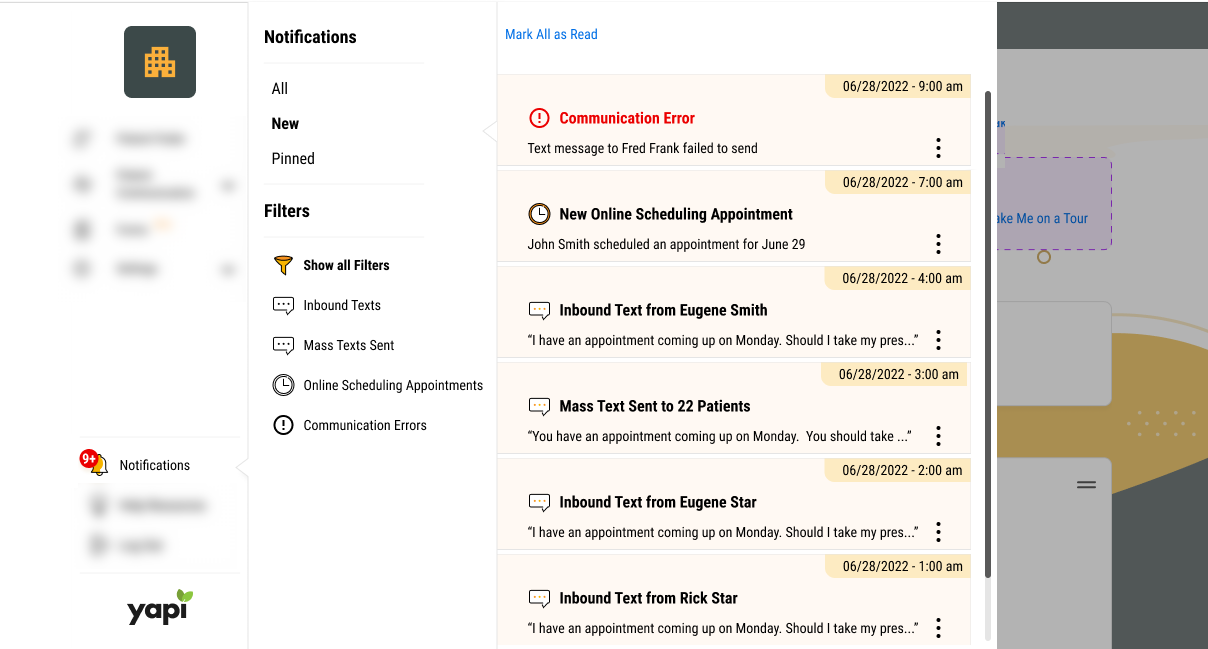 Notifications panel with All, New, and Pinned options, several filters, and notifications listed with their type, the notification, and the time, most recent first.