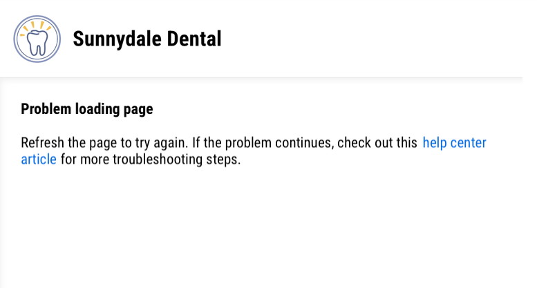 Screen that shows a practice's name and logo and an error message that reads "Problem loading page."