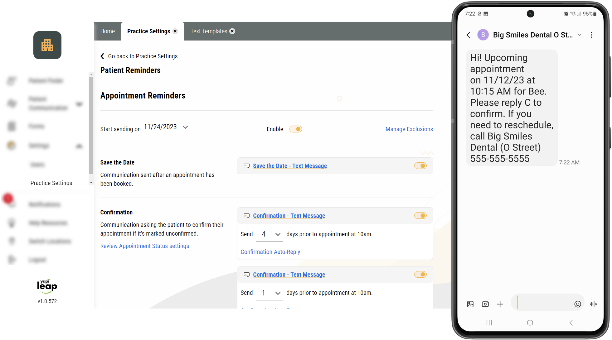 Appointment Reminders page showing several appointment reminder settings along with a phone showing an appointment reminder text.