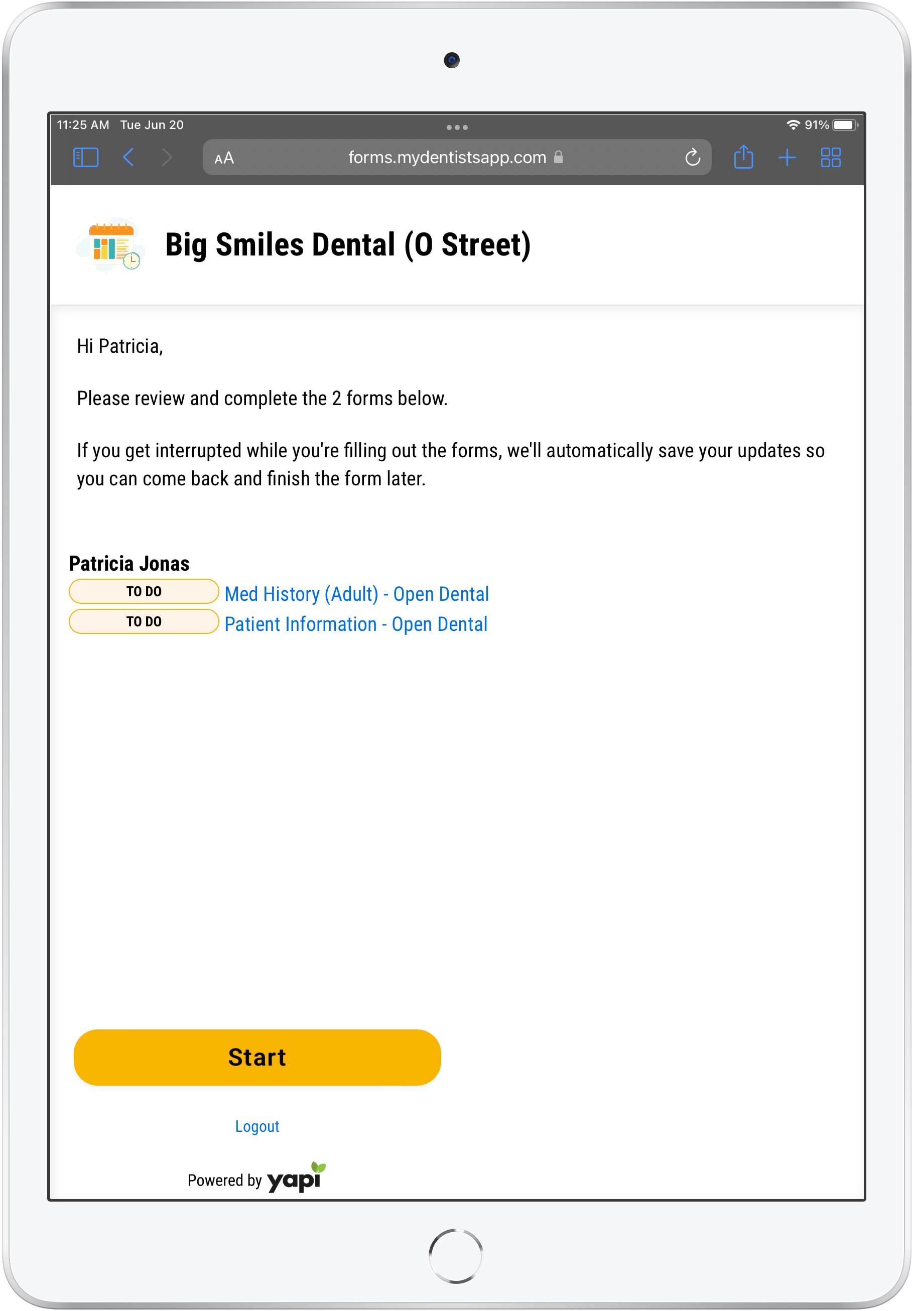 iPad showing list of forms a patient must complete with an indicator next to each that reads "To Do". Below is a Start button.