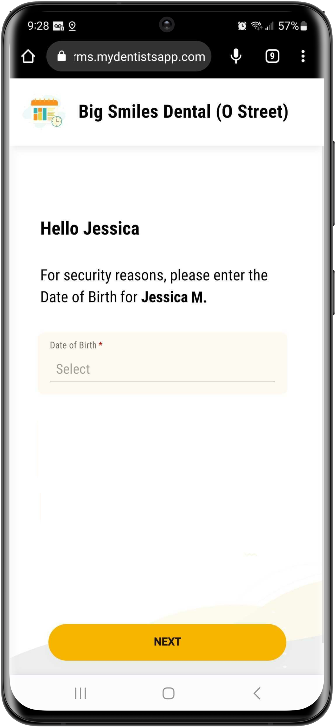 Mobile phone showing a welcome message, instructions, fields for a patient to enter their date of birth and zip code, and a Next button.