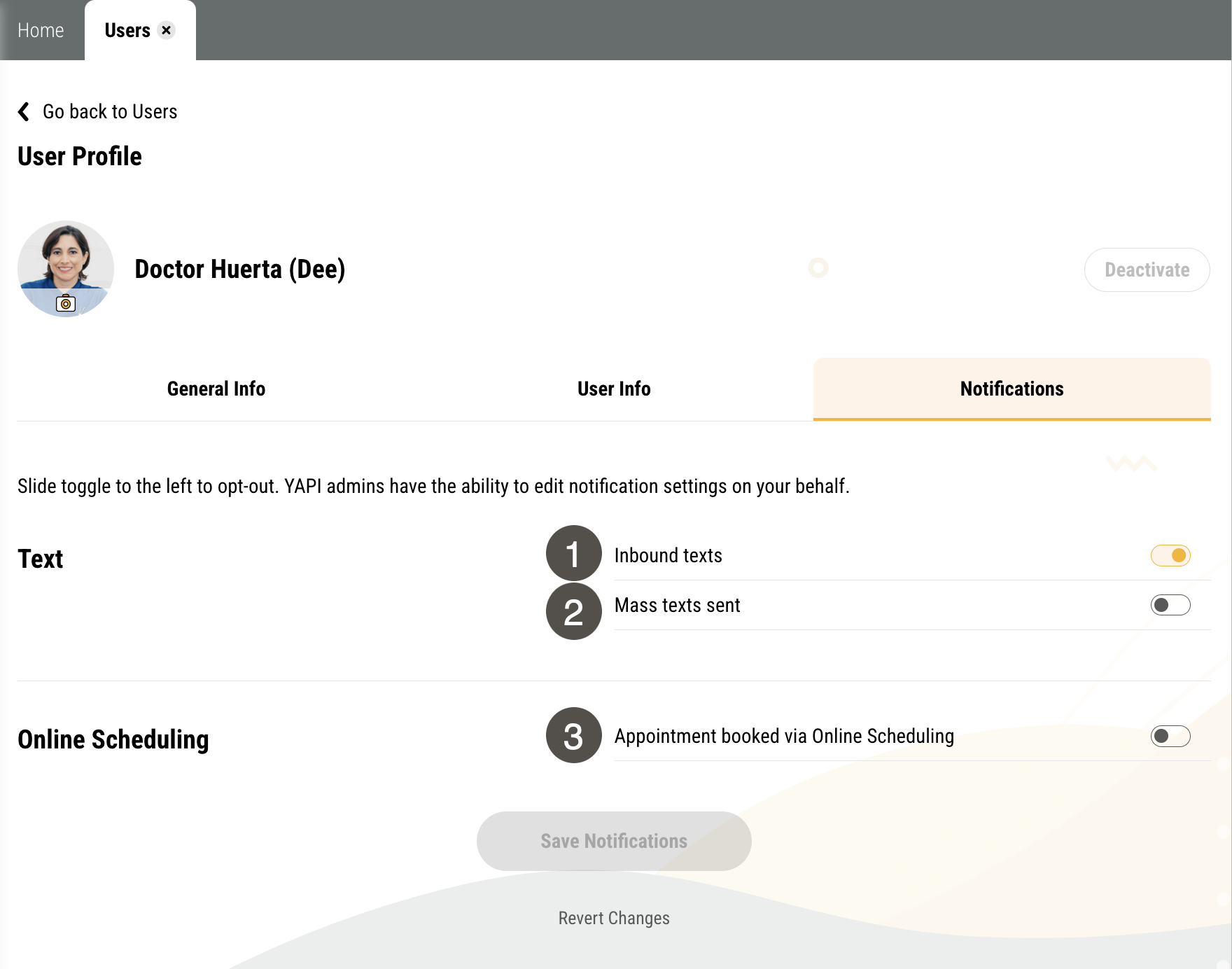 Notification tab on an Admin's Profile page with several items numbered, described in the table to the right.