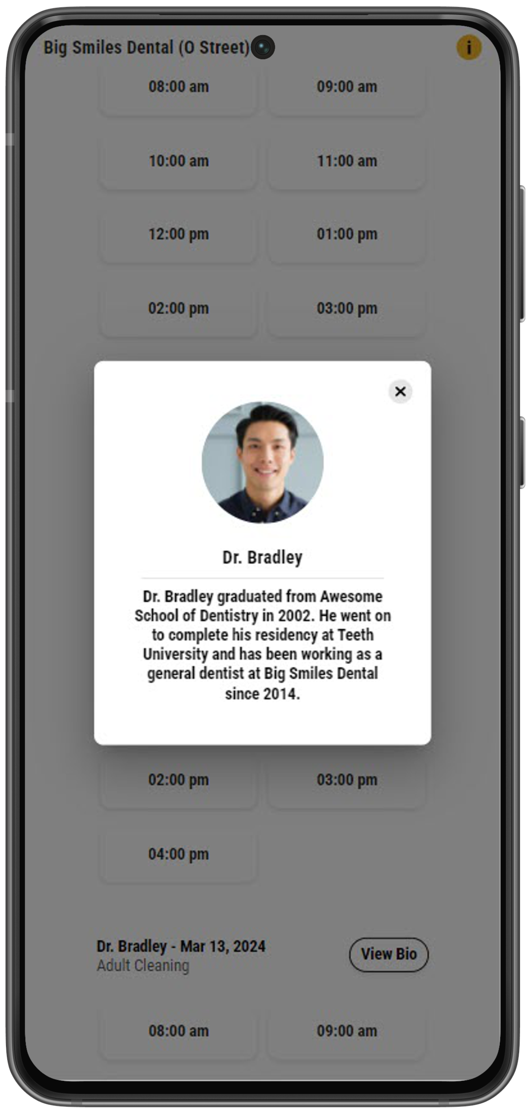 Phone showing provider bio that provides a short introduction and includes an picture of the provider.