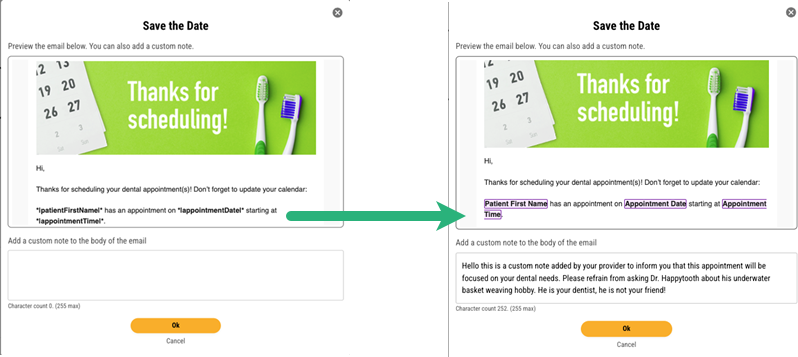 Save the Date template window showing that merge tags are now highlighted in purple.