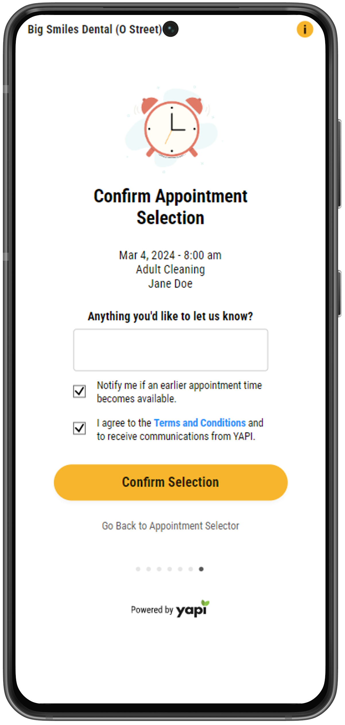 Phone showing the appointment a patient selected, a box to add notes in, and selectable checkboxes for notifying the patient of an earlier appointment and agreeing to the terms & conditions.
