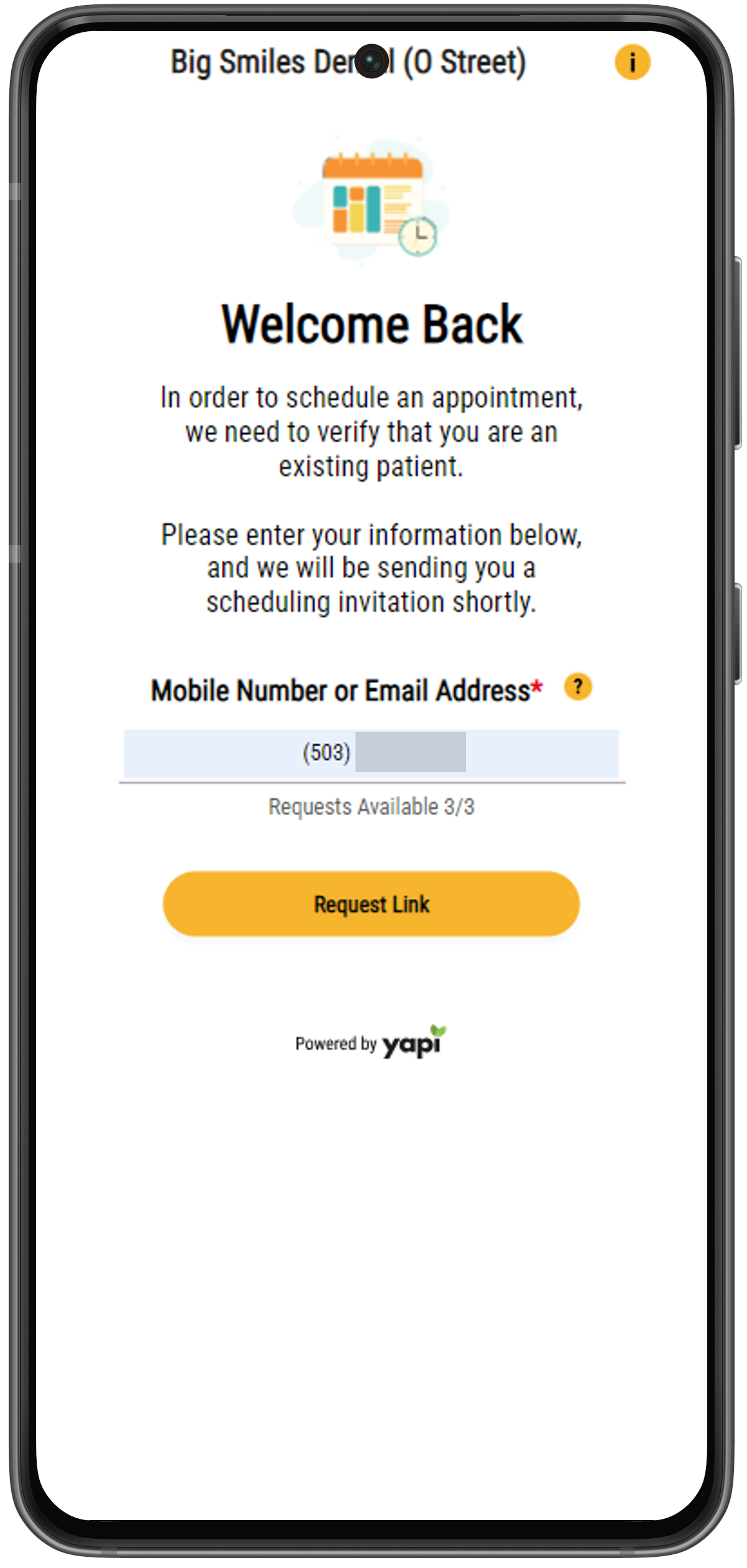 Phone showing a Welcome Back message, a space for the patient to enter their mobile number or email address, and a button that says "Request Link."
