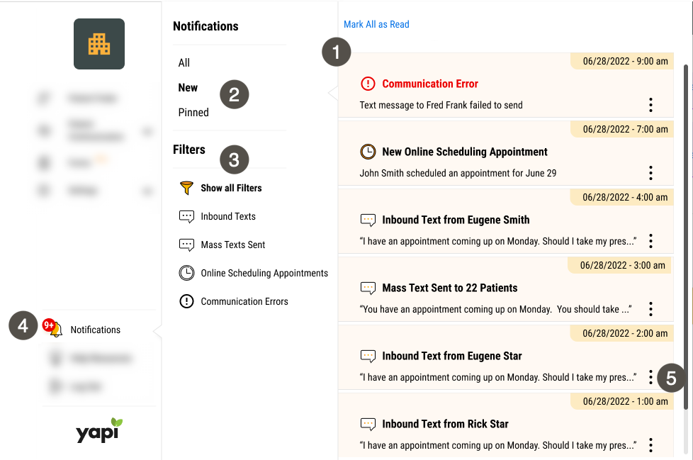 Notifications panel with several items numbered, described in the table to the right.