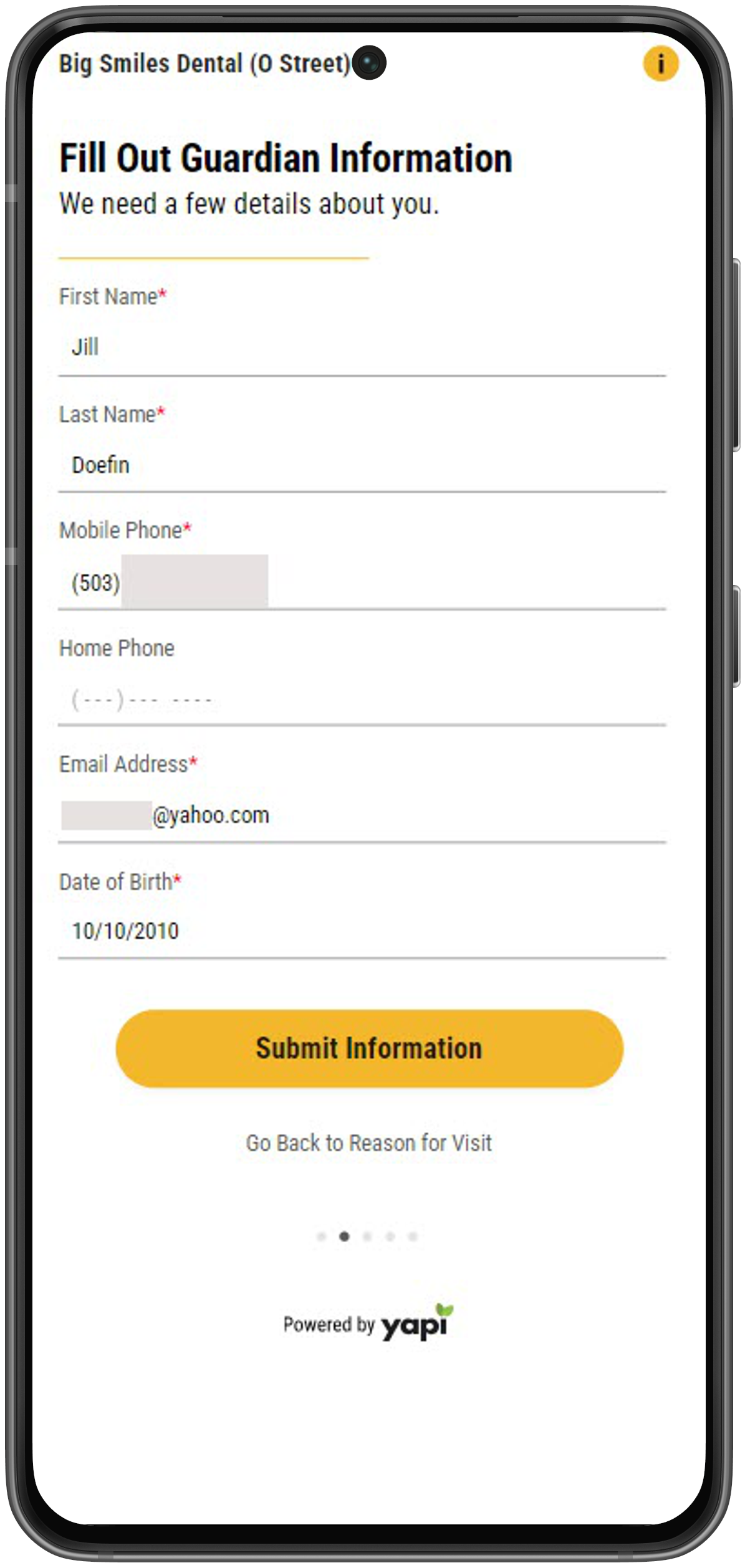 Phone showing page to fill out guardian name, contact information, and date of birth.